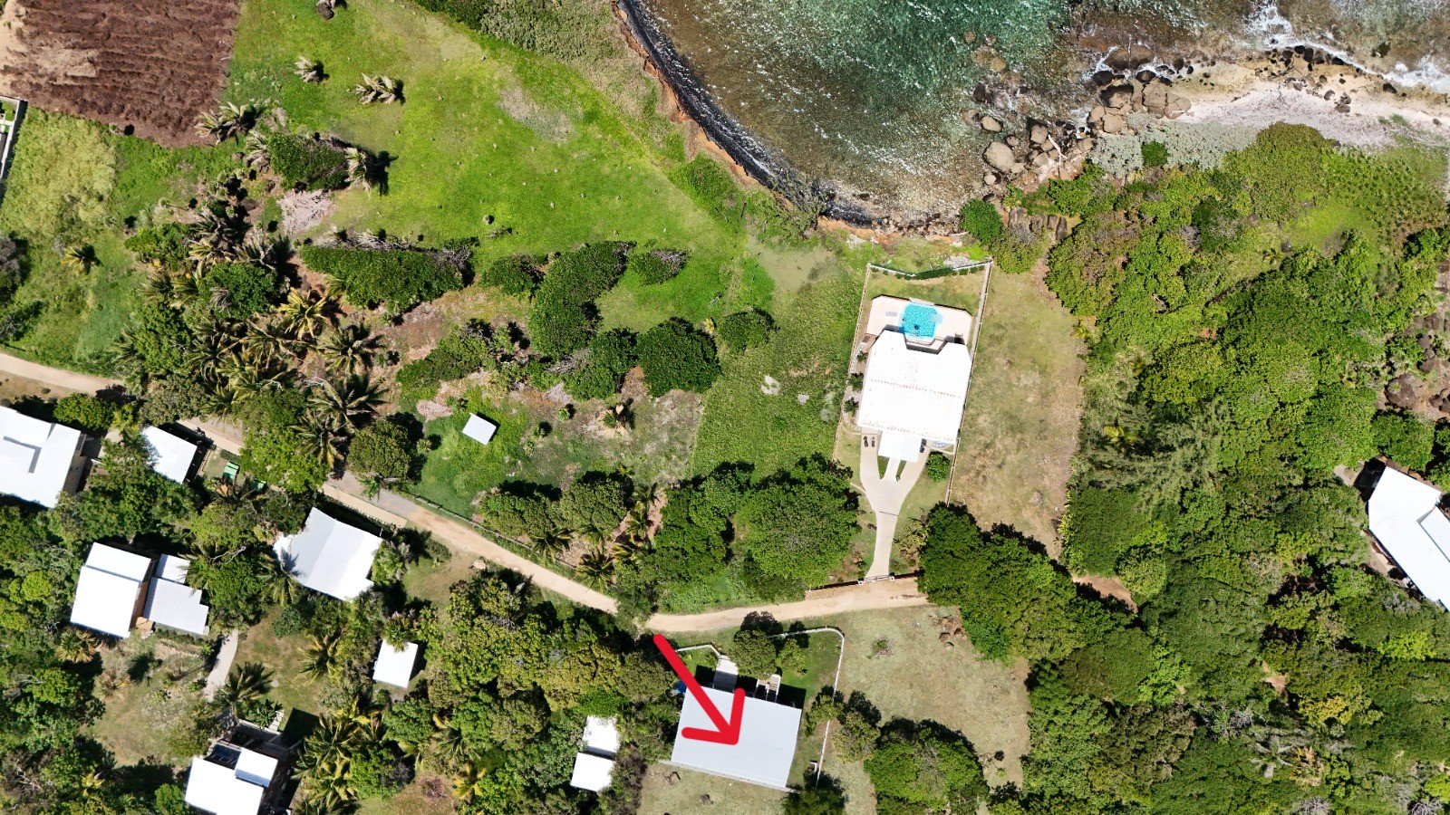 Aerial view of a residential neighborhood with houses, grassy yards, trees, a lake, and a footpath. A house with a metal roof and a red arrow pointing to it is highlighted.