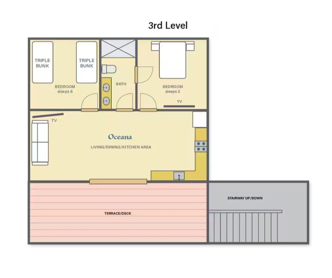 Pink Palace Utila Third-level floor plan for Oceana vacation rental showing two bedrooms, bathroom, living, dining and kitchen area, terrace deck, and staircase.