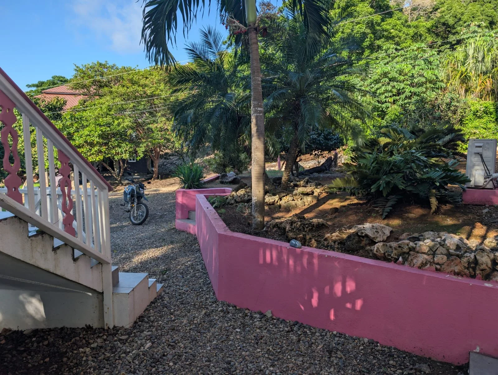 Pink Palace Utila Tropical garden with palm trees, lush plants, pink raised beds, rock landscaping, and a bicycle beside a stairway.