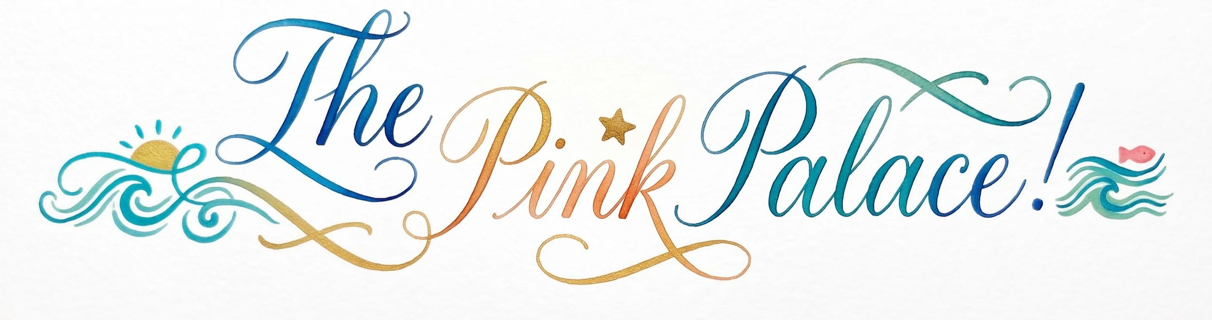 Colorful hand-lettered “The P. Junk Palace!” sign with ocean waves, a sun, star, and fish illustrations.