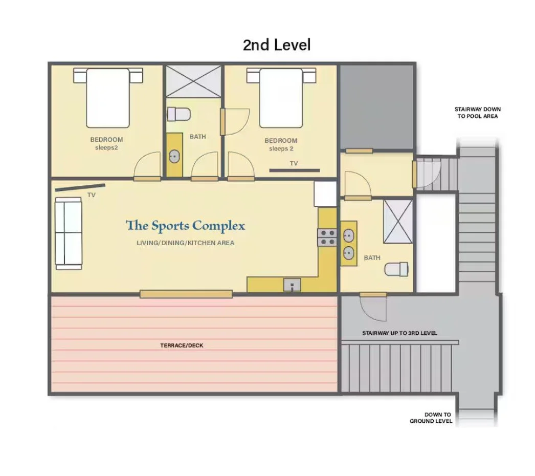 Pink Palace Utila Second-level floor plan of The Sports Complex with two bedrooms, two bathrooms, living, dining and kitchen area, terrace deck, and stairways.