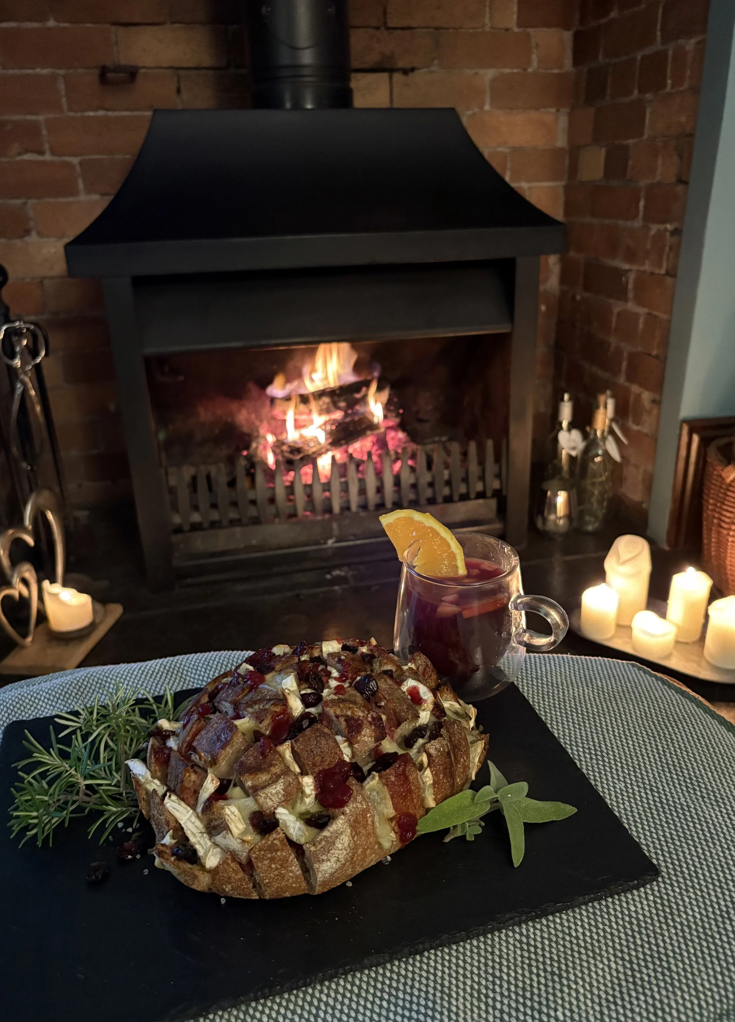 Cranberry & Camembert Tear & Share Bread Fire lit with flames