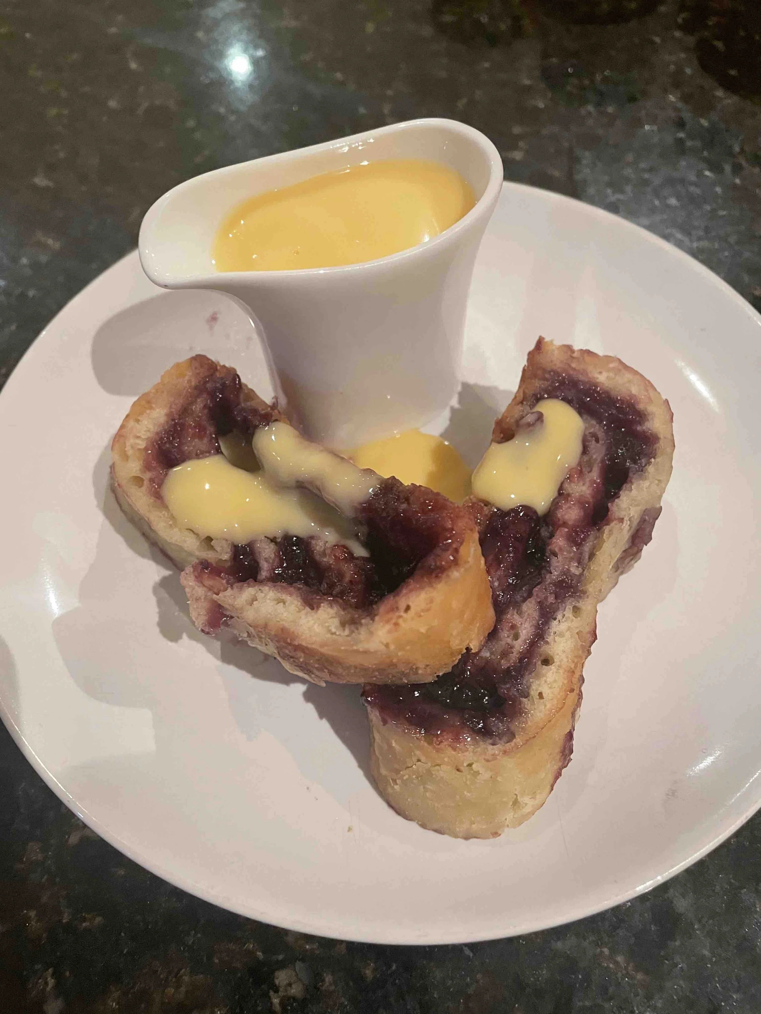 Jam Roly Poly with Custard and Black Mountains Preserves Blackcurrant and Apple Jam