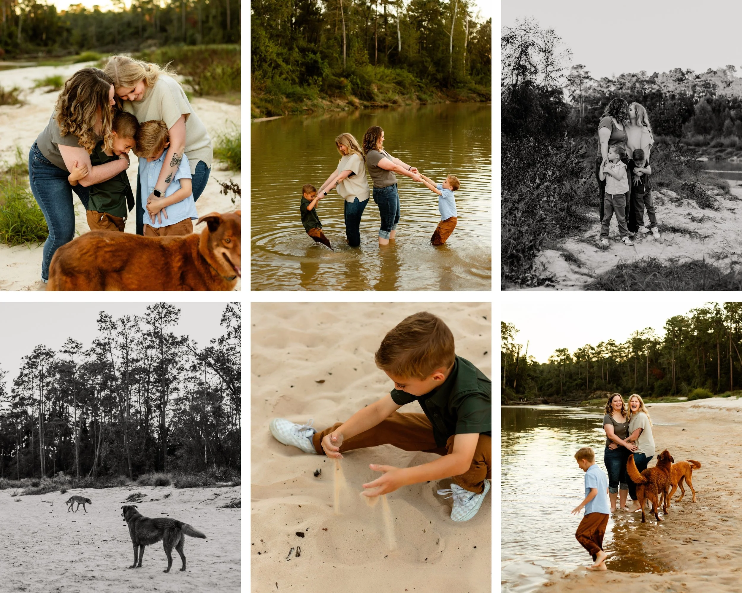 A collage of 6 photos of a family with two moms and two young boys with their two dogs at a photoshoot near a creek.