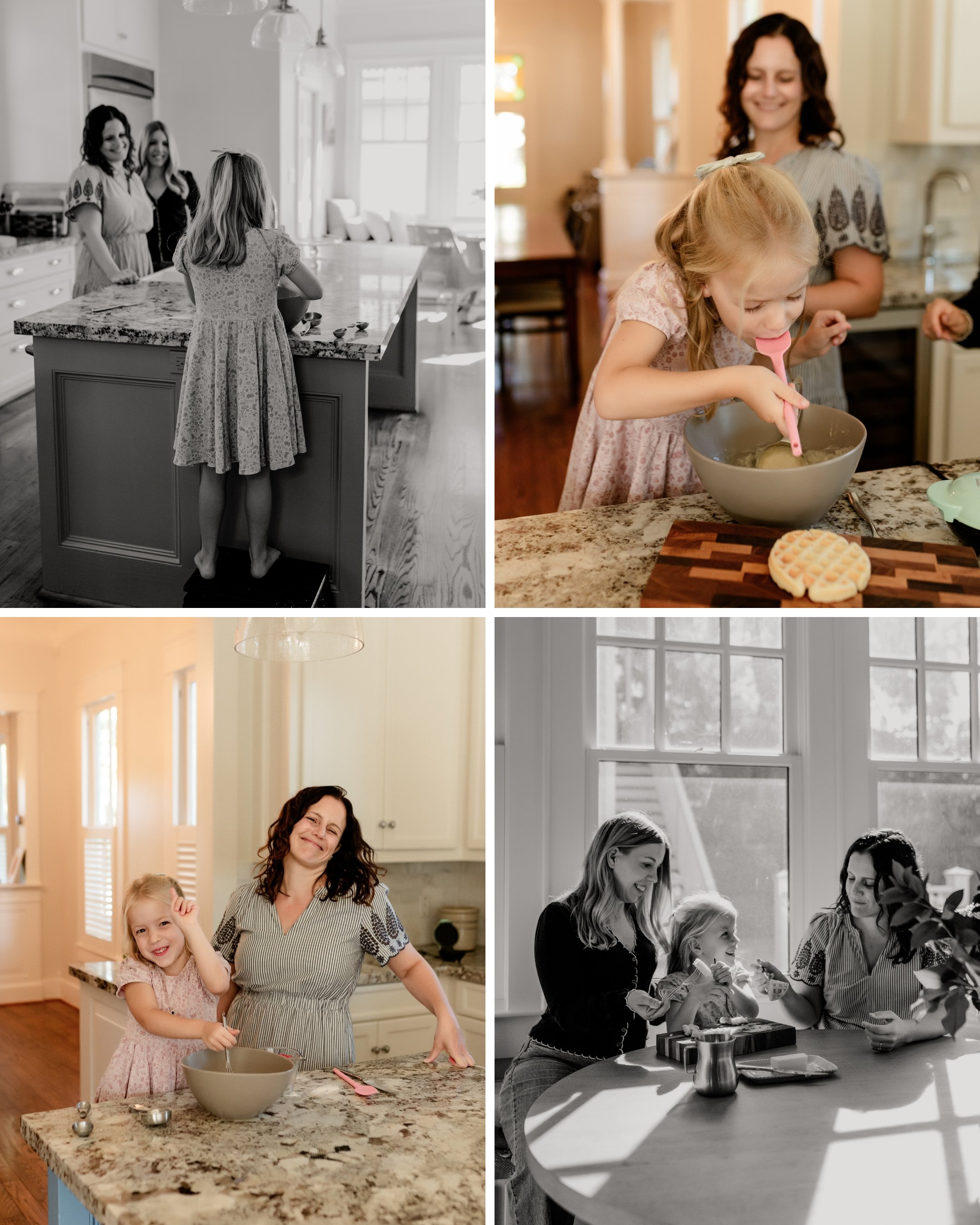 Two moms and their daughter at their home in Houston making breakfast together for an in-home photoshoot.