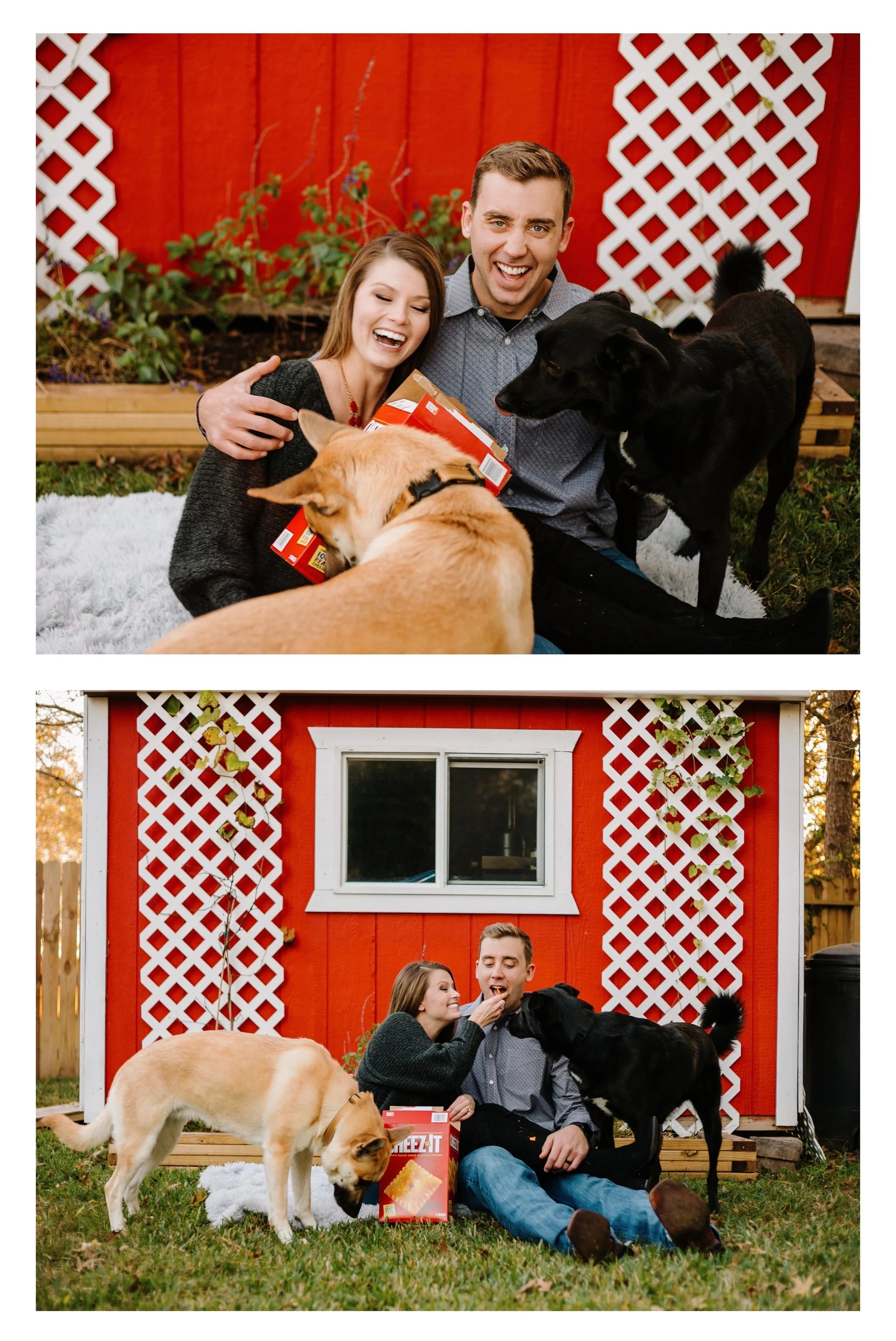 A couple and their dogs eating snacks in their backyard in Houston.