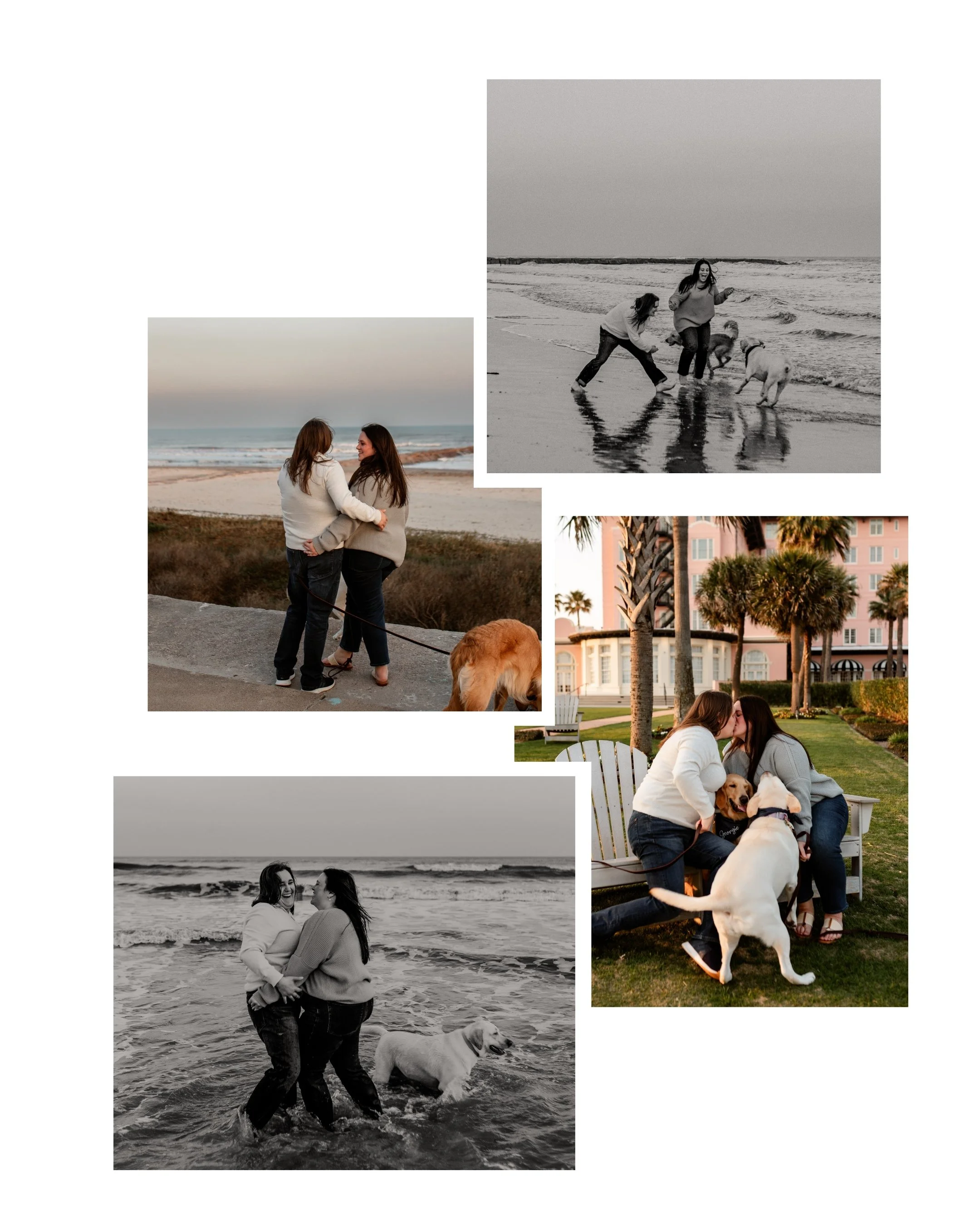 A lesbian couple laughing and kissing at Galveston during a photoshoot with their dogs.