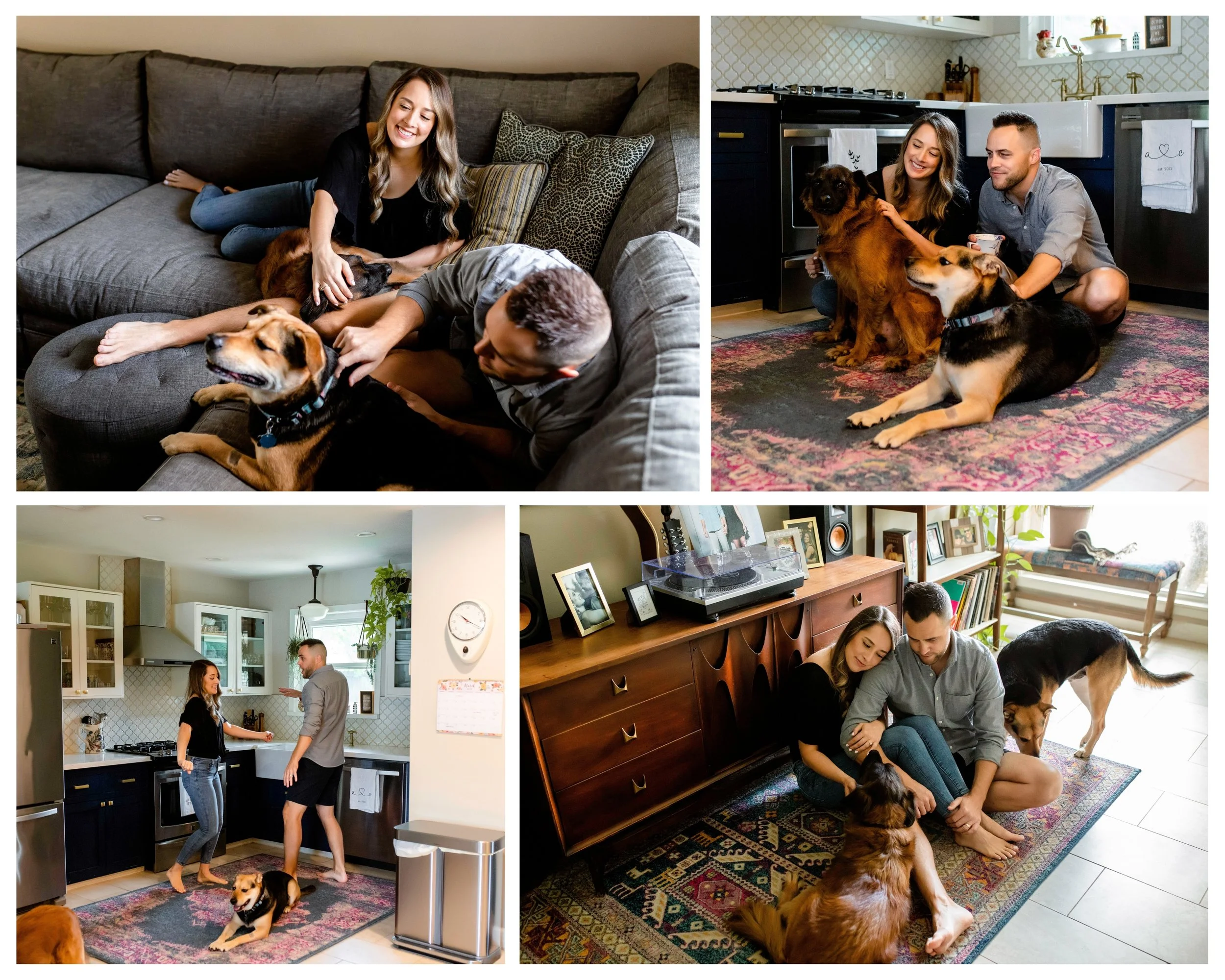 A couple in their home in Houston playing with their dogs for a photography session.