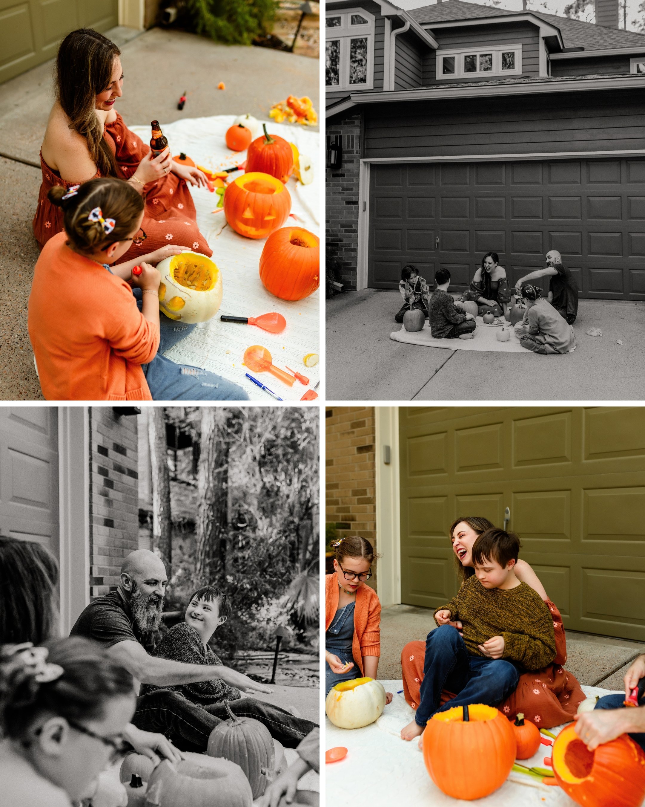 A family with 3 kids on their driveway carving pumpkins and laughing together for a fall photoshoot in The Woodlands, Texas.