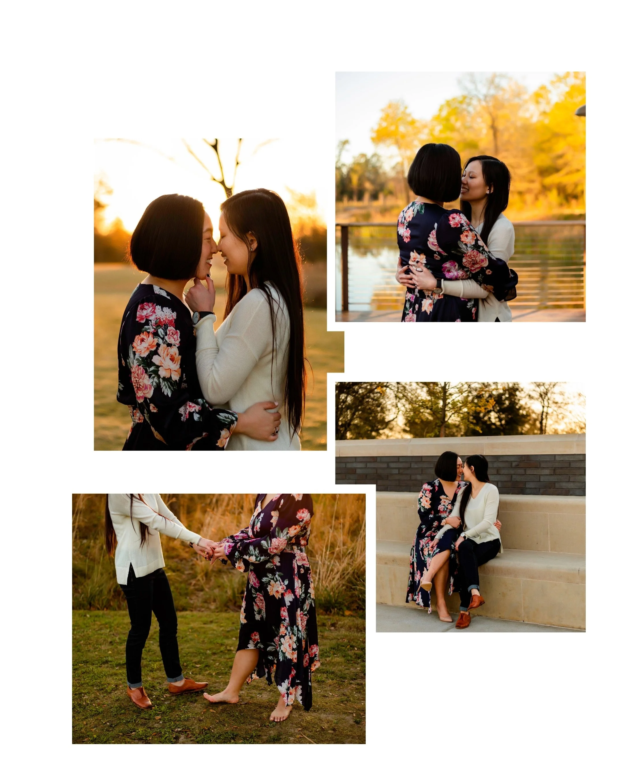 A lesbian couple kissing and being affectionate during an outdoor photography session in Houston.