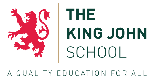 Logo of The King John School featuring a red lion and text 'The King John School: A quality education for all' with a vertical gold line separating the lion from the text.