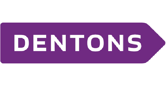 Purple directional sign with white text that says 'DENTONS' and an arrow pointing to the right.