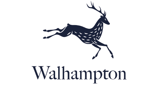 A leaping stag above the word 'Walhampton' in stylized font.