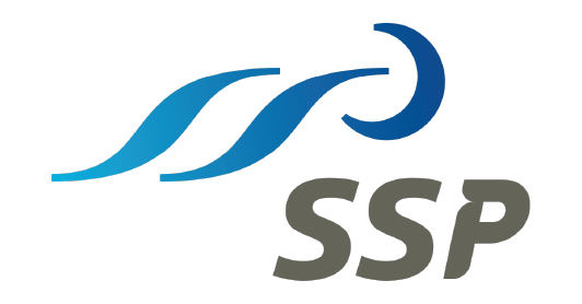 Logo featuring three blue curved lines resembling a wave and a dark blue crescent shape above, with the letters 'SSP' in gray underneath.