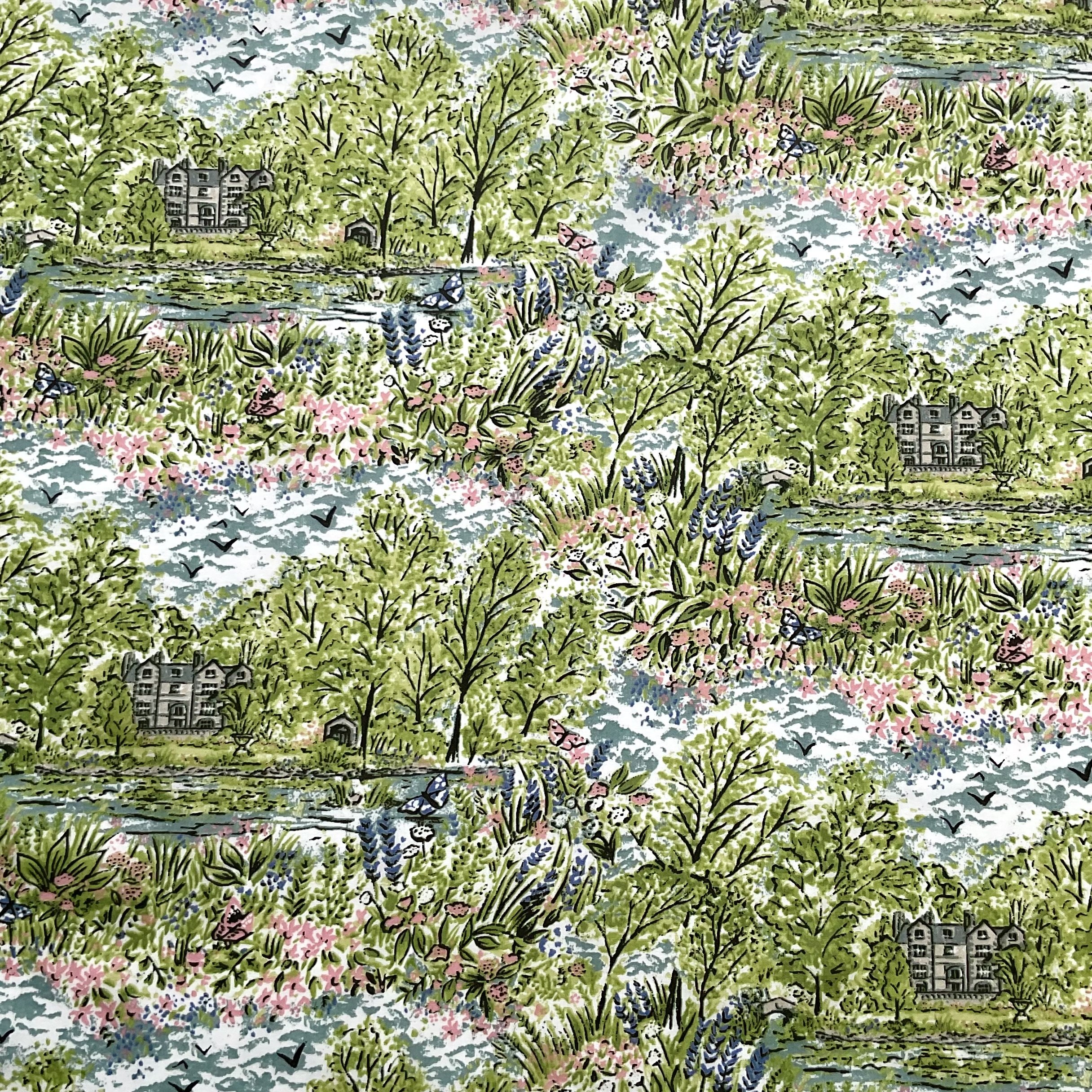 Green/ Pink Botanical House Printed Cotton Poplin