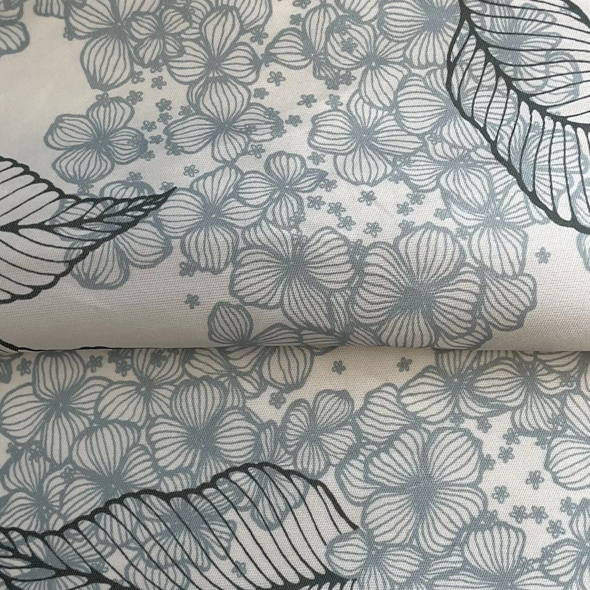 End of Roll Light Blue/Silver Hydrangea Print Floral Printed Silk Poly Gazar 7.5m