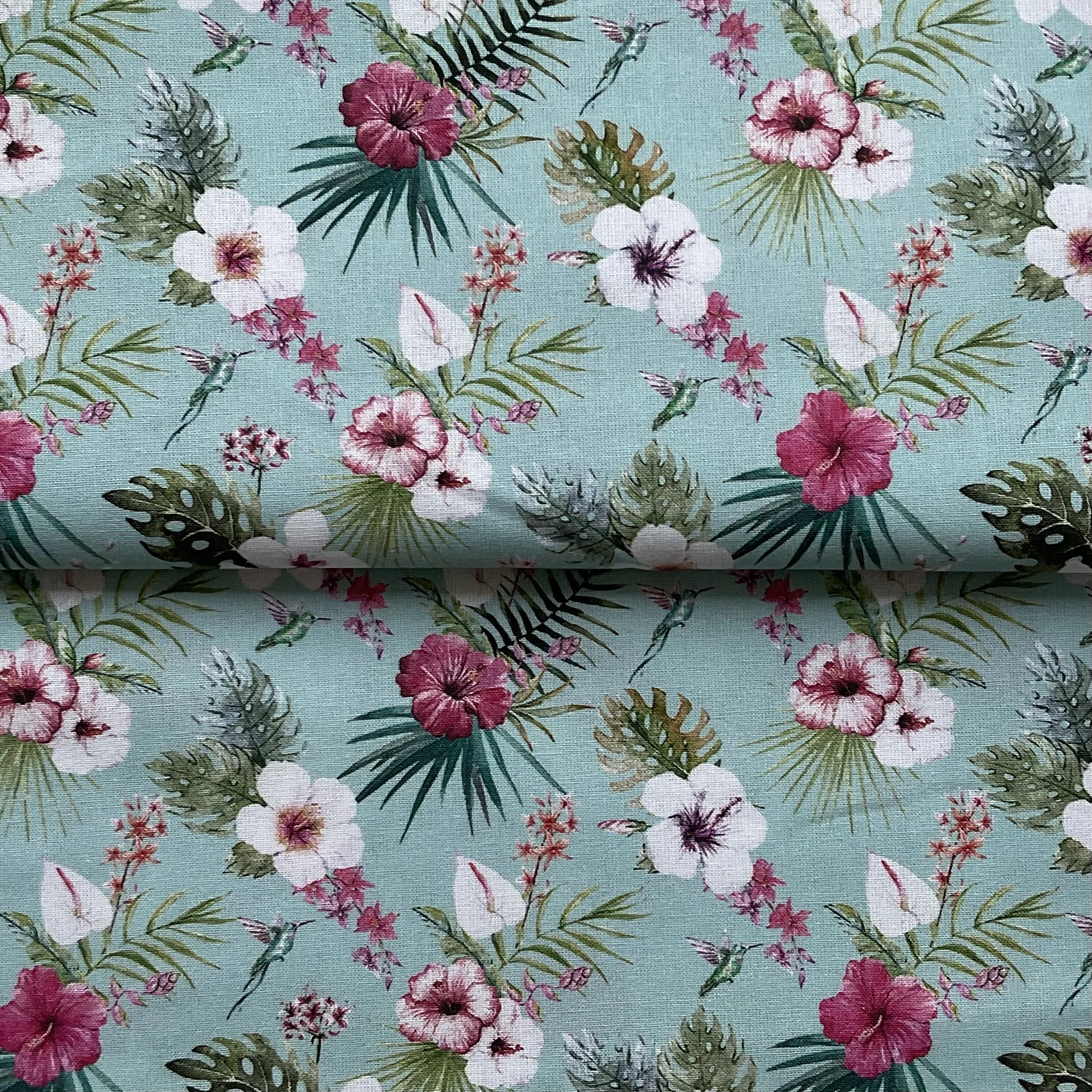 Sky Blue Tropical Floral Printed Cotton