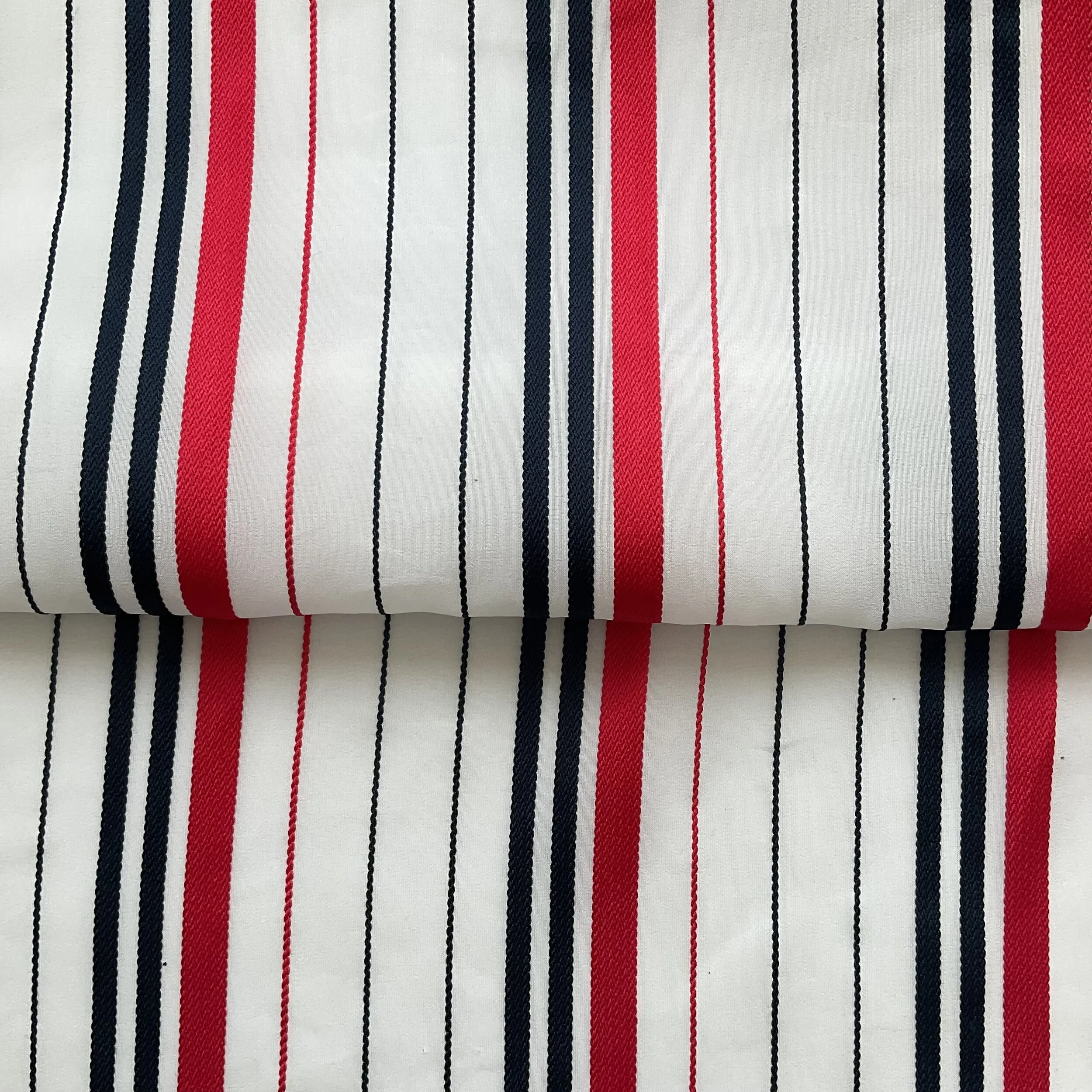Cream/Red/Navy Textured Barcode Striped Crepe
