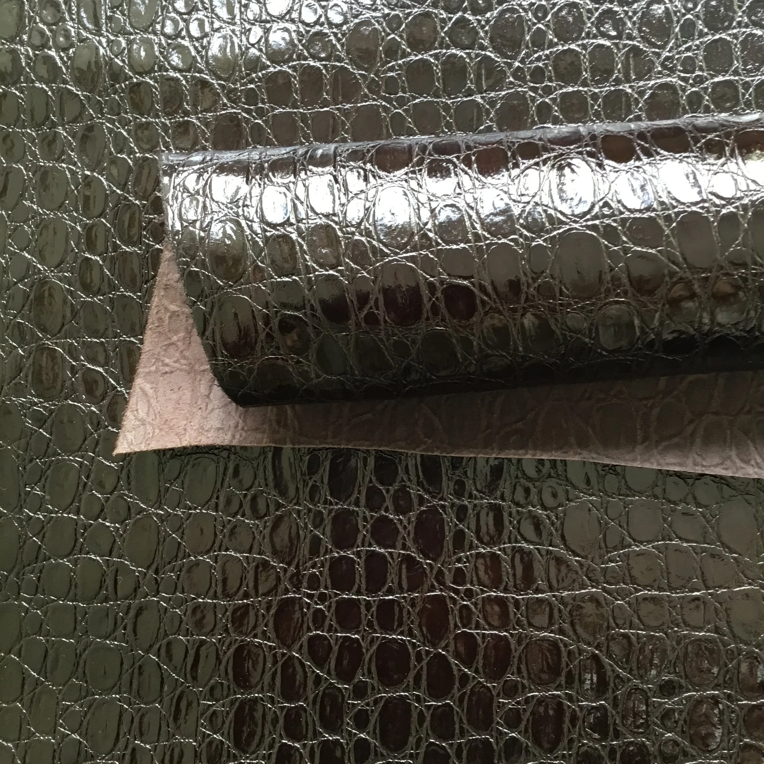 Brown Patent Reptile Moc Croc Embossed Leather Hide