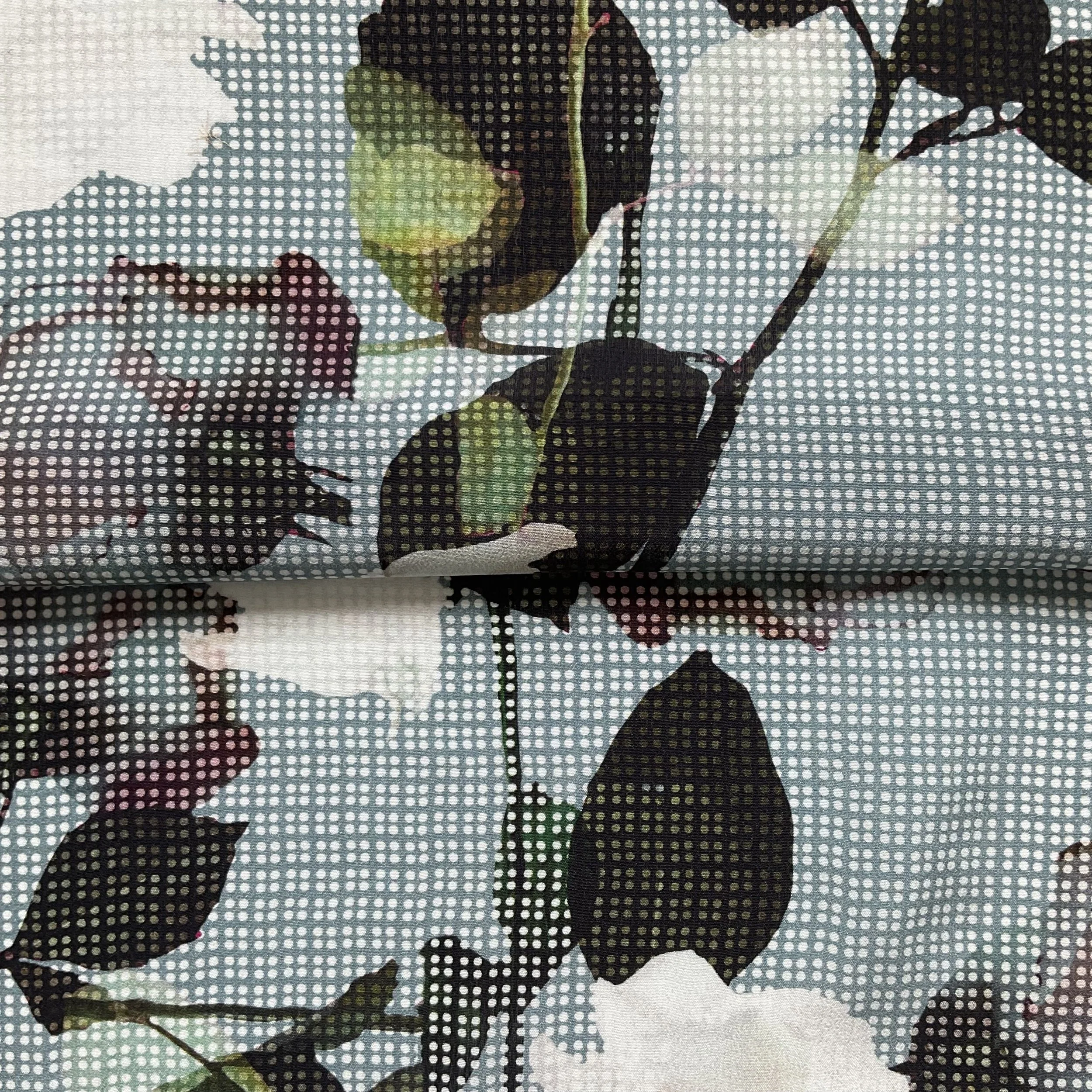 White Rose Floral Dot Printed Silk Crepe De Chine