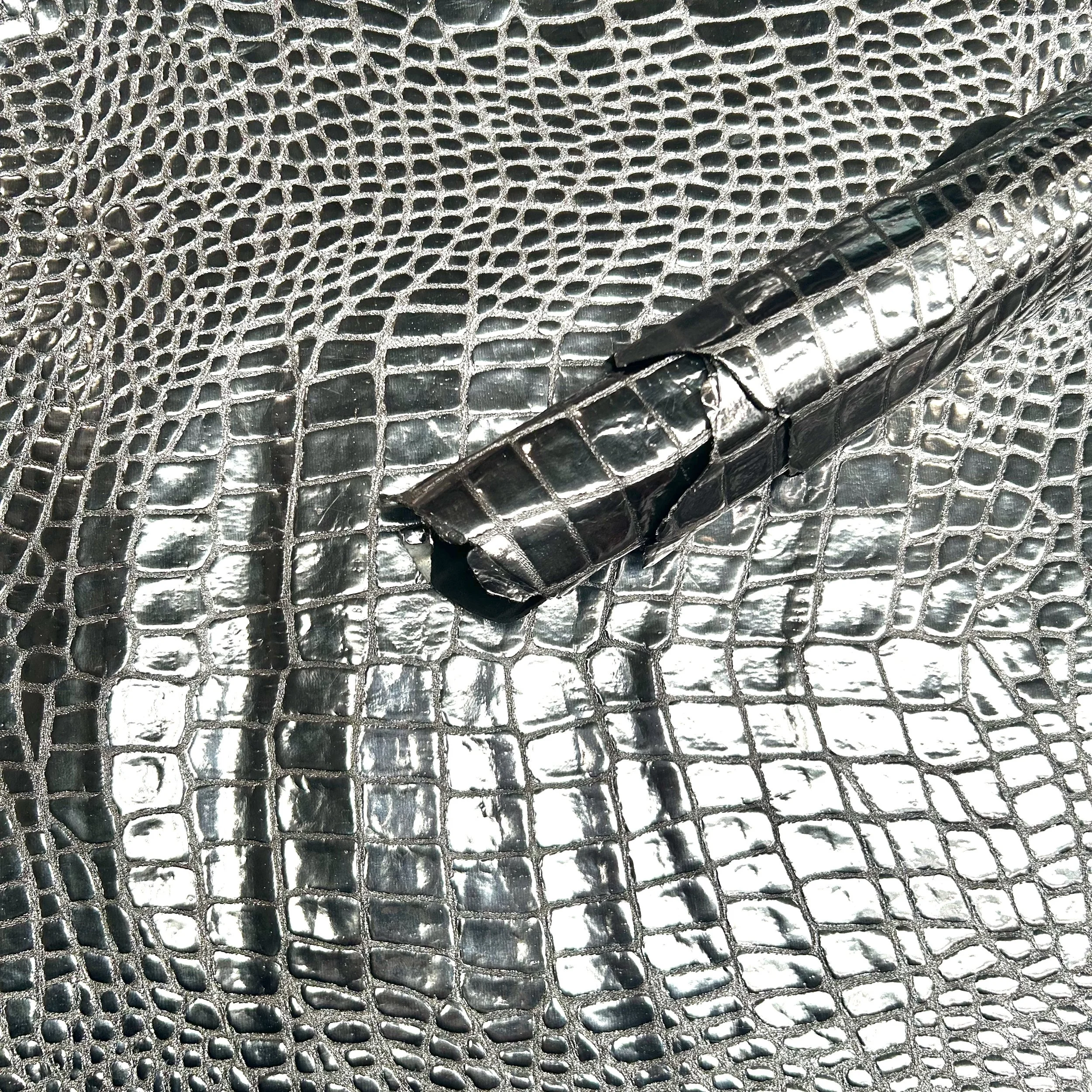 Gunmetal Silver Foiled Moc Croc Embossed Leather Hide