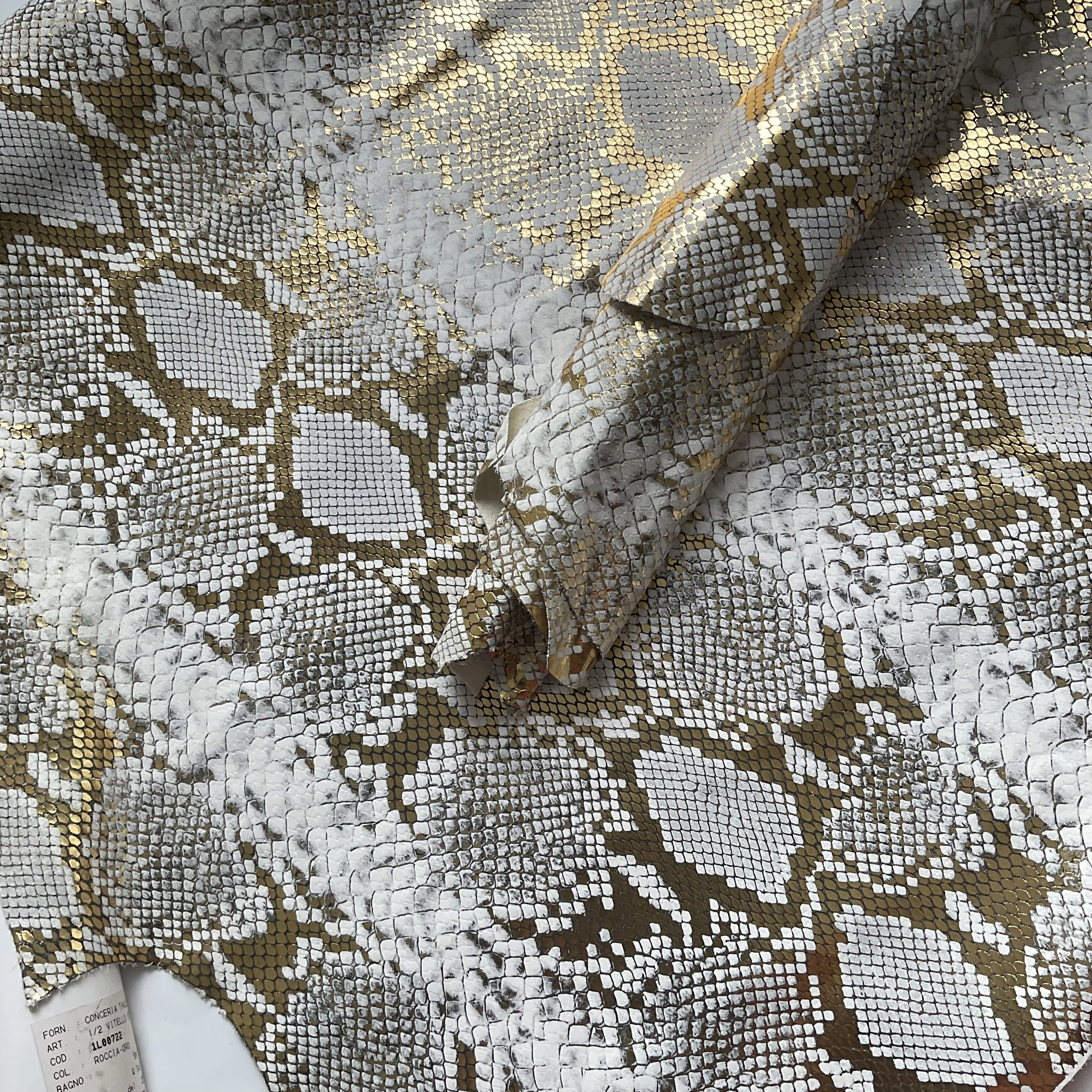 Snake Embossed White/Gold Leather Hide