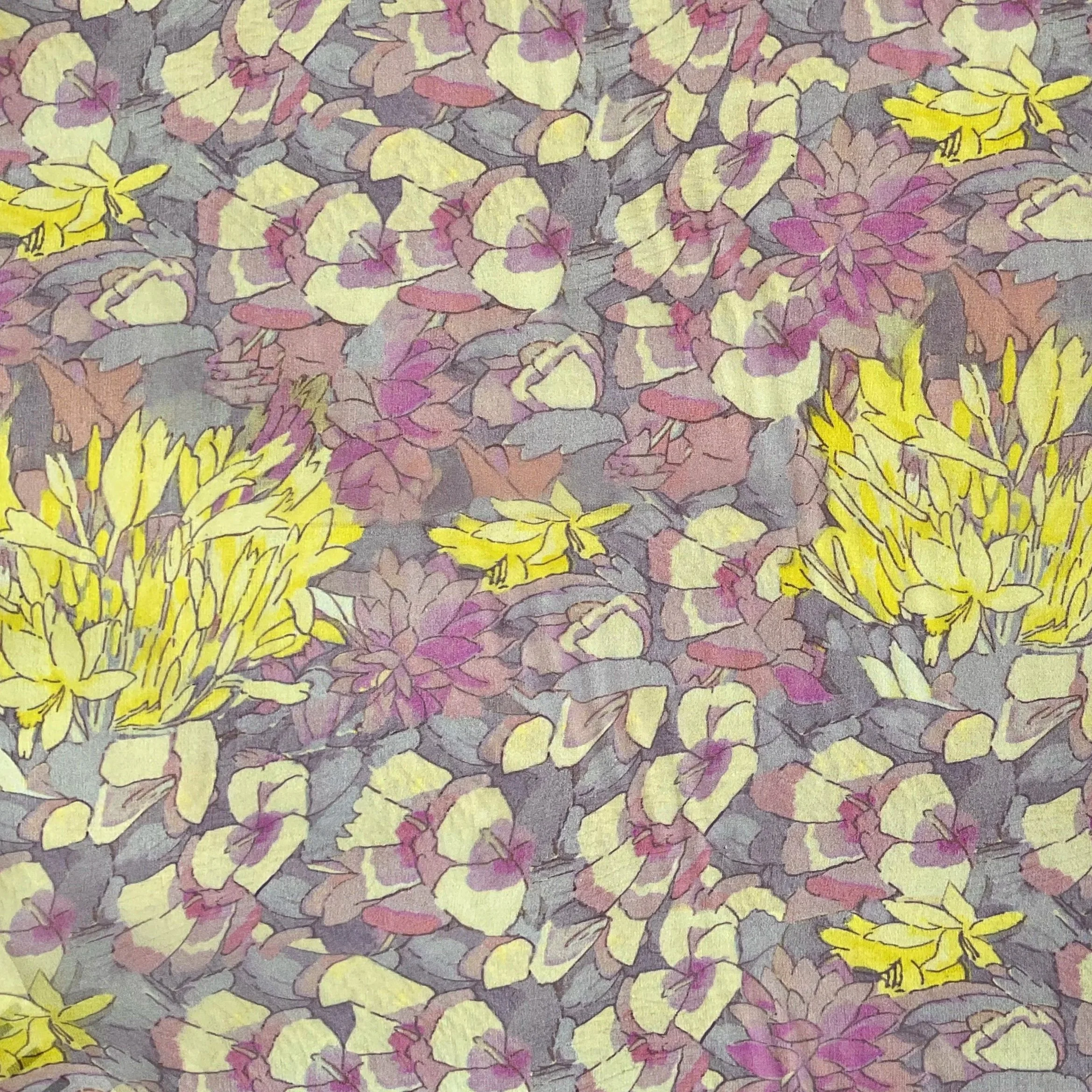 Pink and Yellow Floral Printed Silk Chiffon