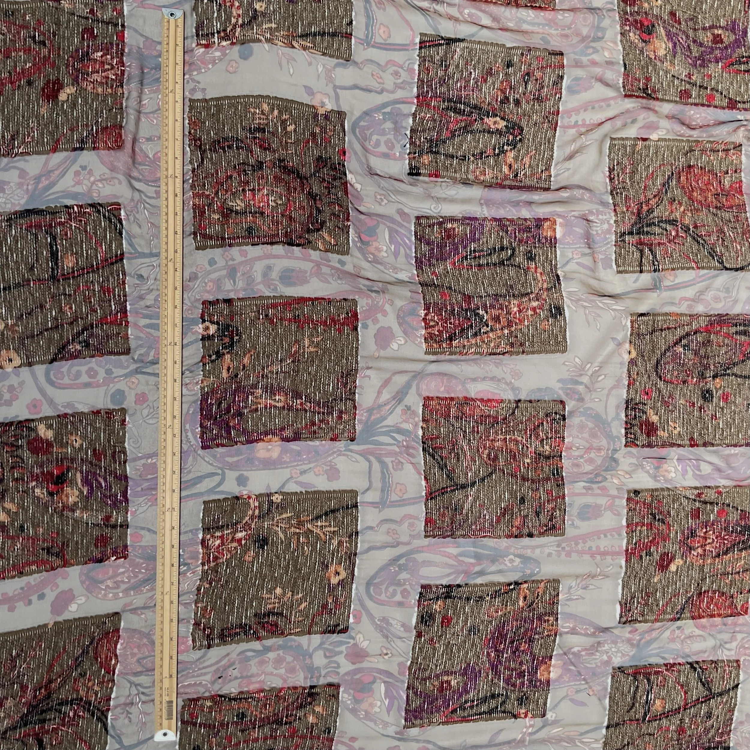 Brown/Red/Magenta Floral Silk chiffon with Wool Square Appliqué