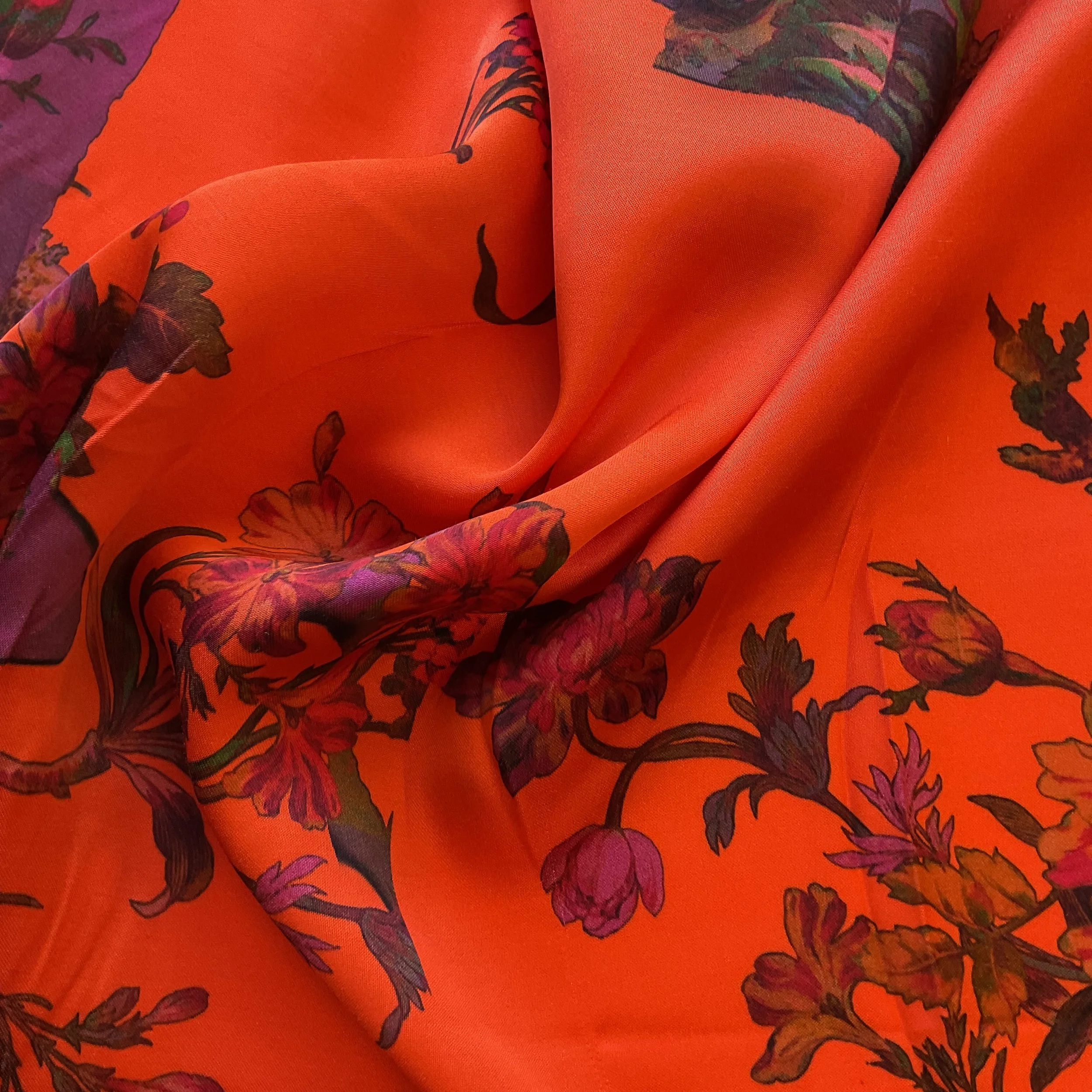 End of Roll Orange Floral Printed Satin Viscose 3m