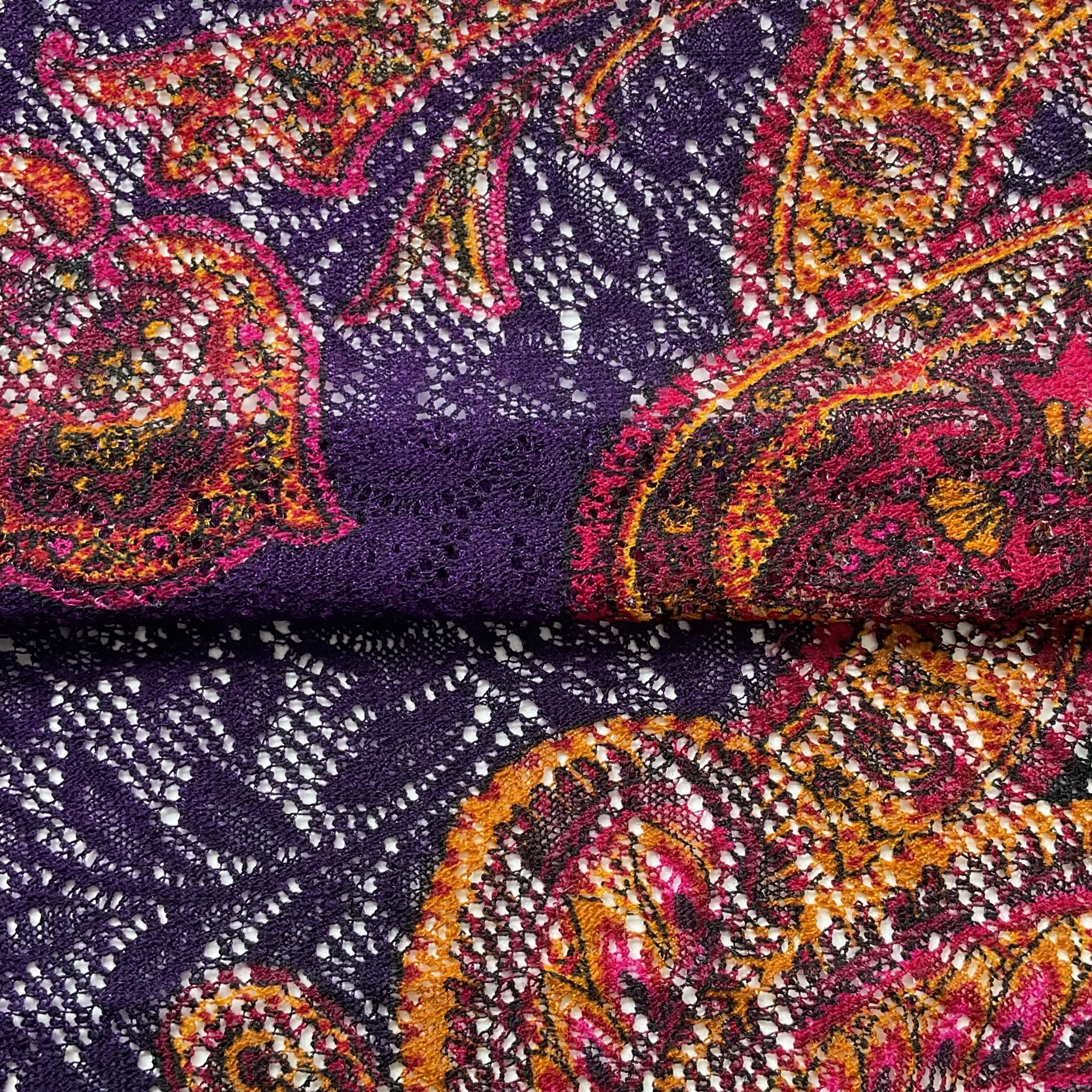 Purple, Burgundy & Black Paisley Printed Wool Lace
