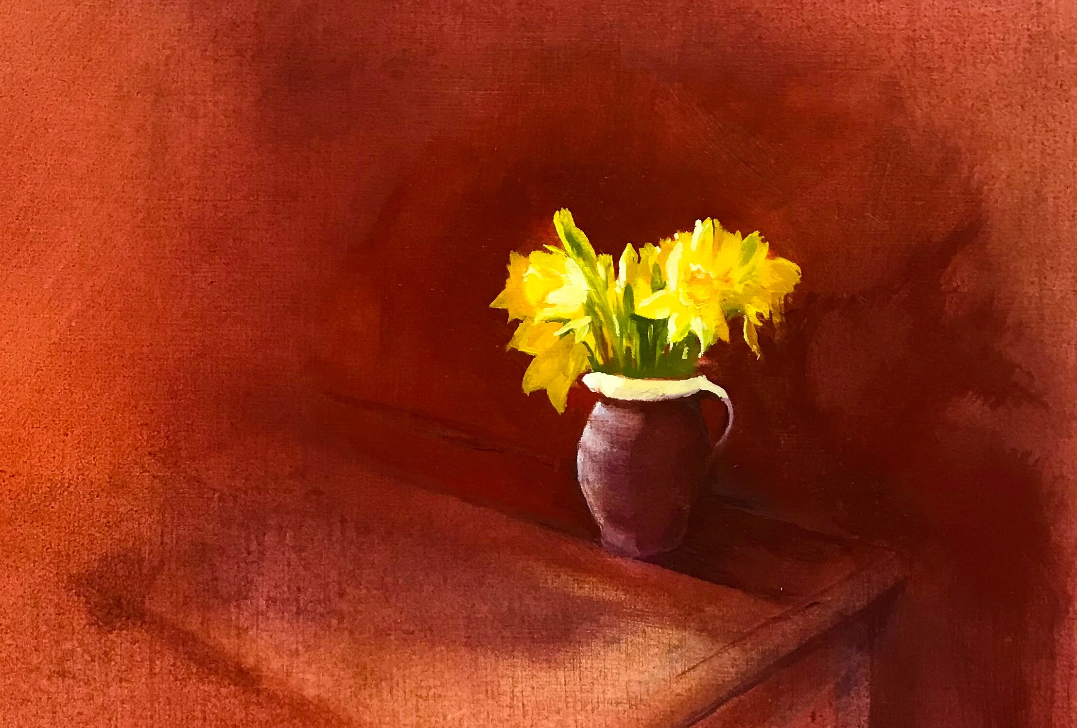 Oil painting of a jug with daffodils in it by Keith Towler