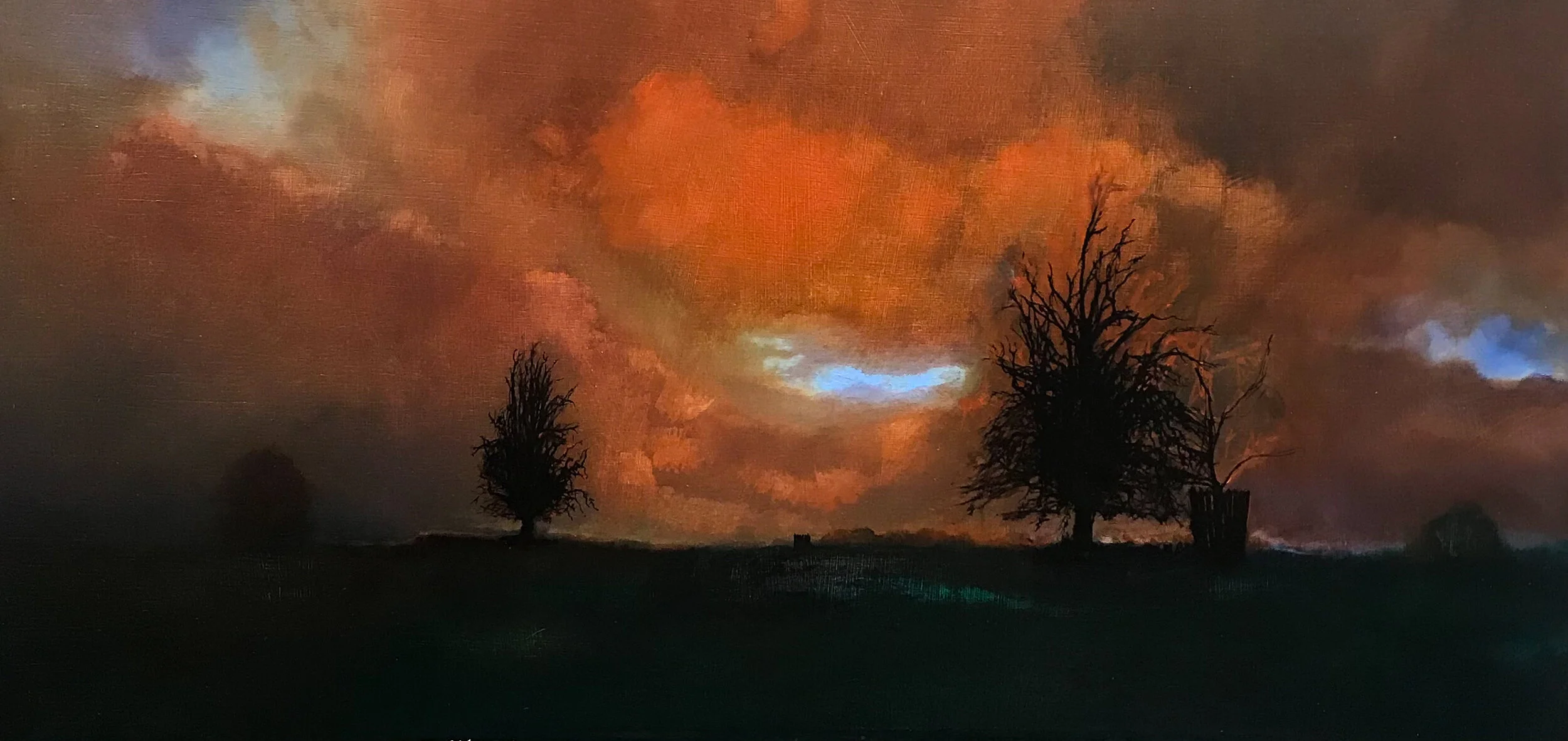 Oil painting of a red sky at Dinefwr park 