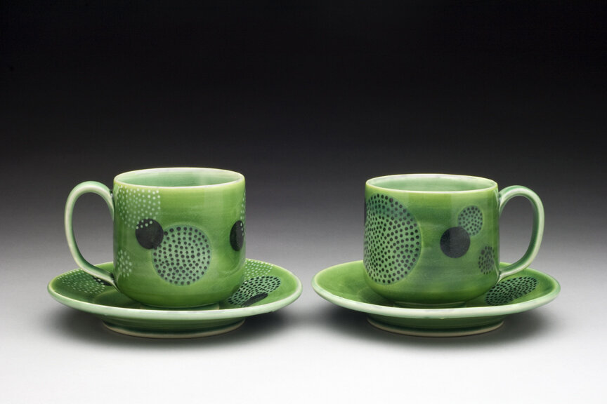 Stoneware cups with polka dot slip and green glaze, 2020
