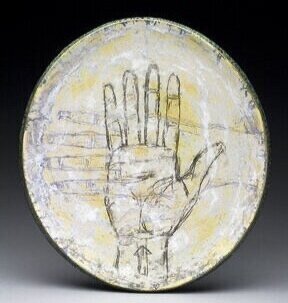 Hand platter, low-fired clay and slip inlay, 2018