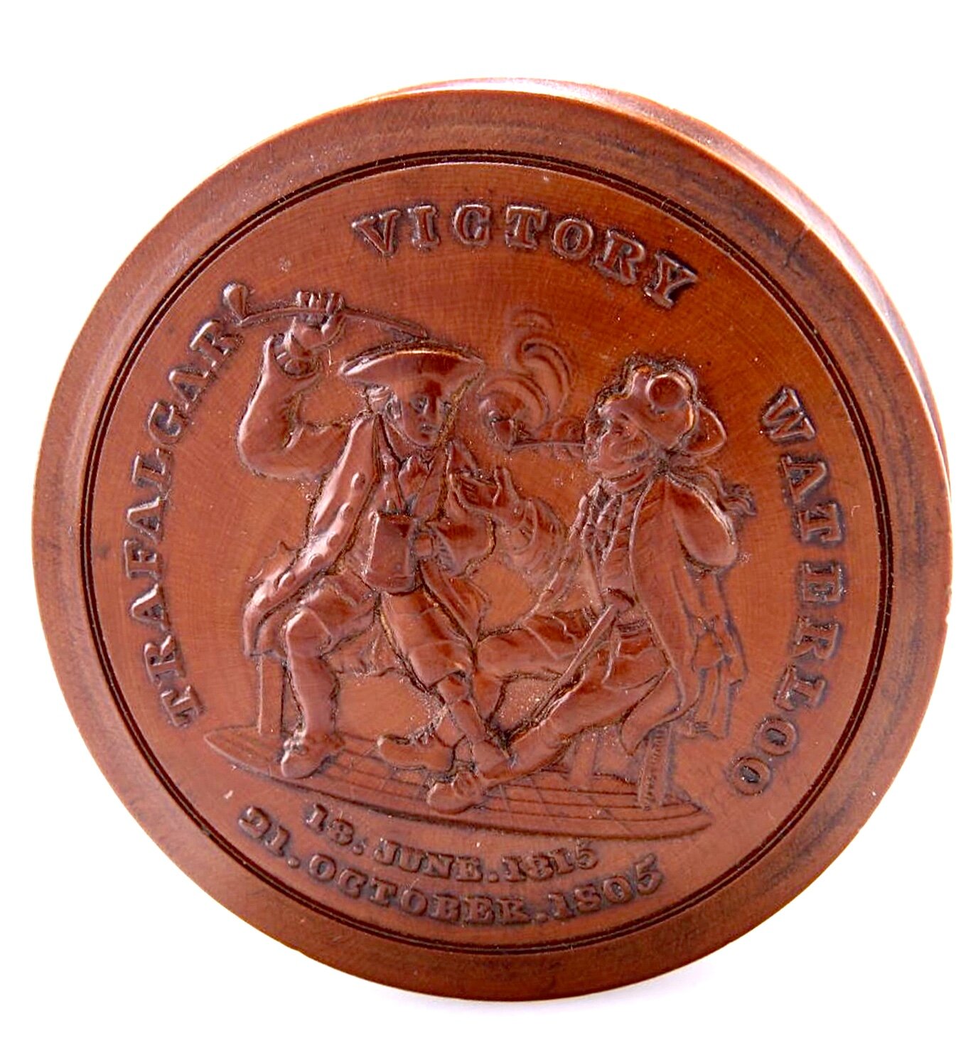 Mint Rare Signed ‘Westwood’ pressed snuff box Trafalgar ‘Victory’ Waterloo circa 1845