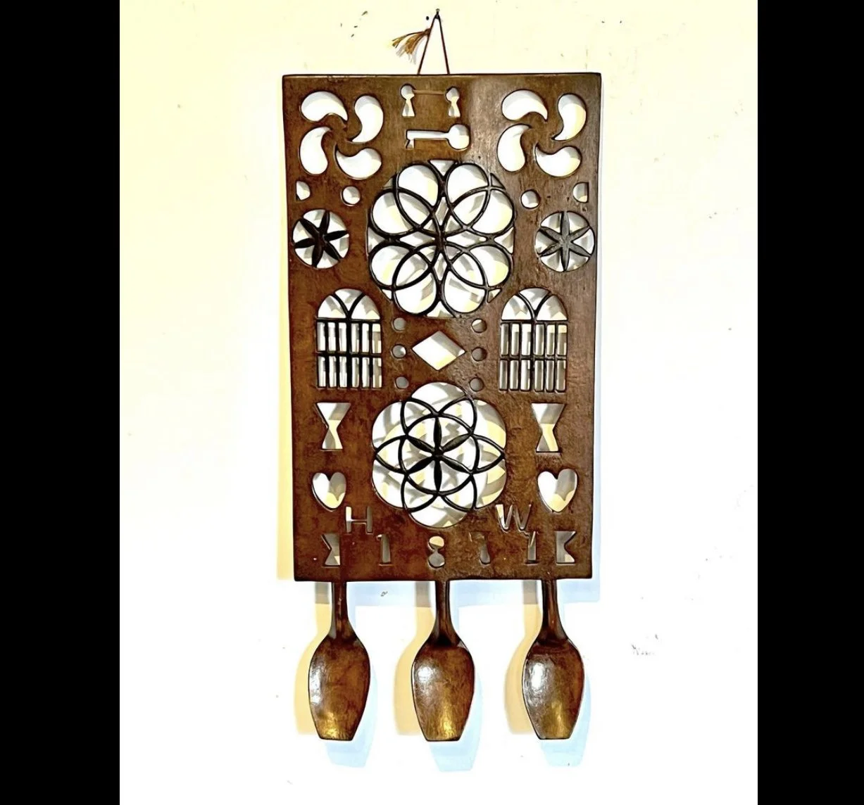 Exceptional Dated and Initialed Triple Bowl Welsh Love Spoon in original ‘Scumble’ finish