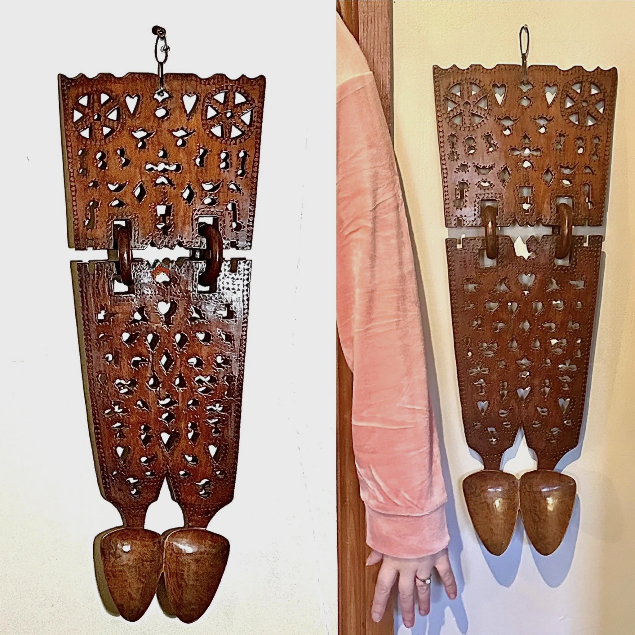 Incredible hinged 19th Century Pierced Welsh Love Spoon 22 inches long