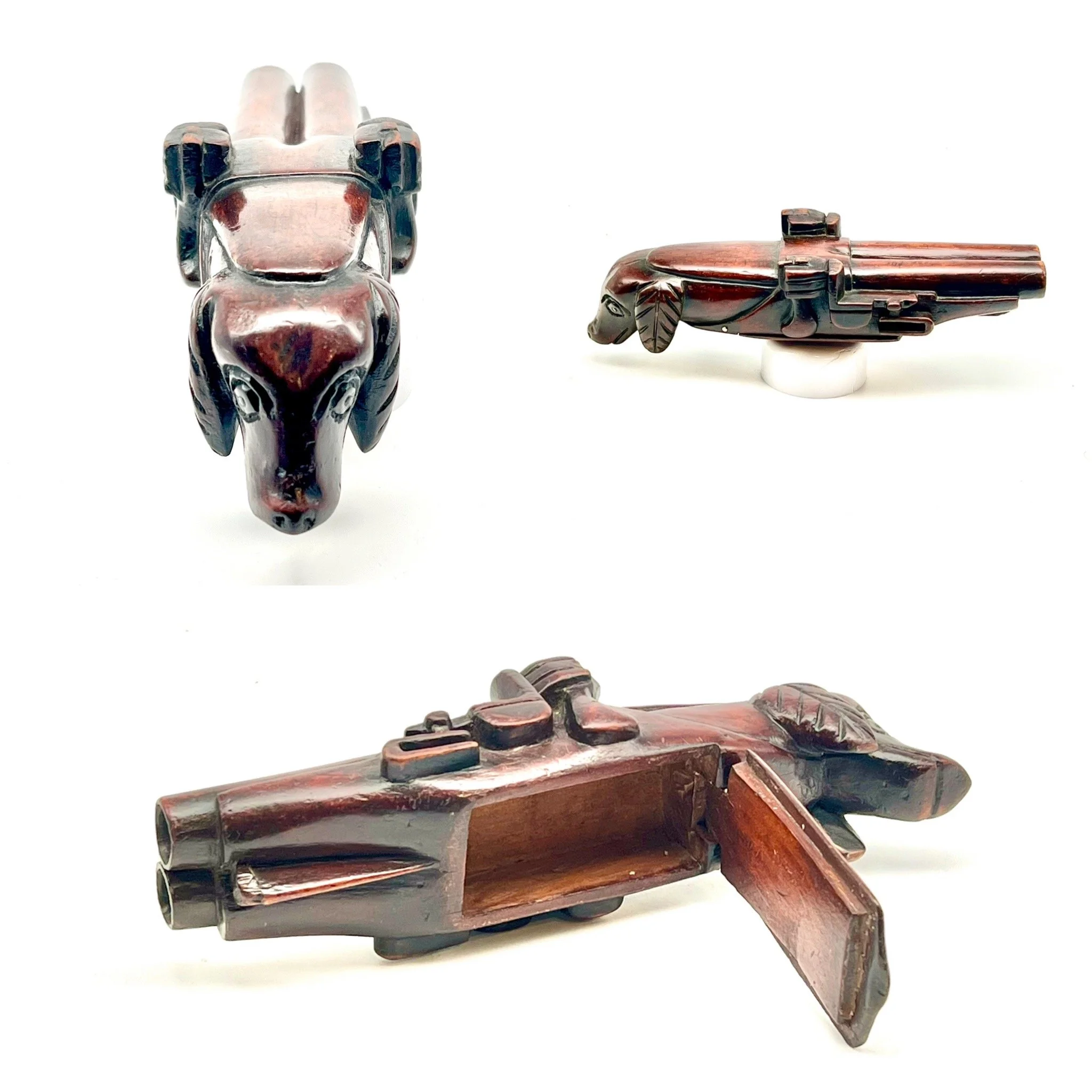 Fabulous 19th Century Dogs head grip double barrelled snuff pistol