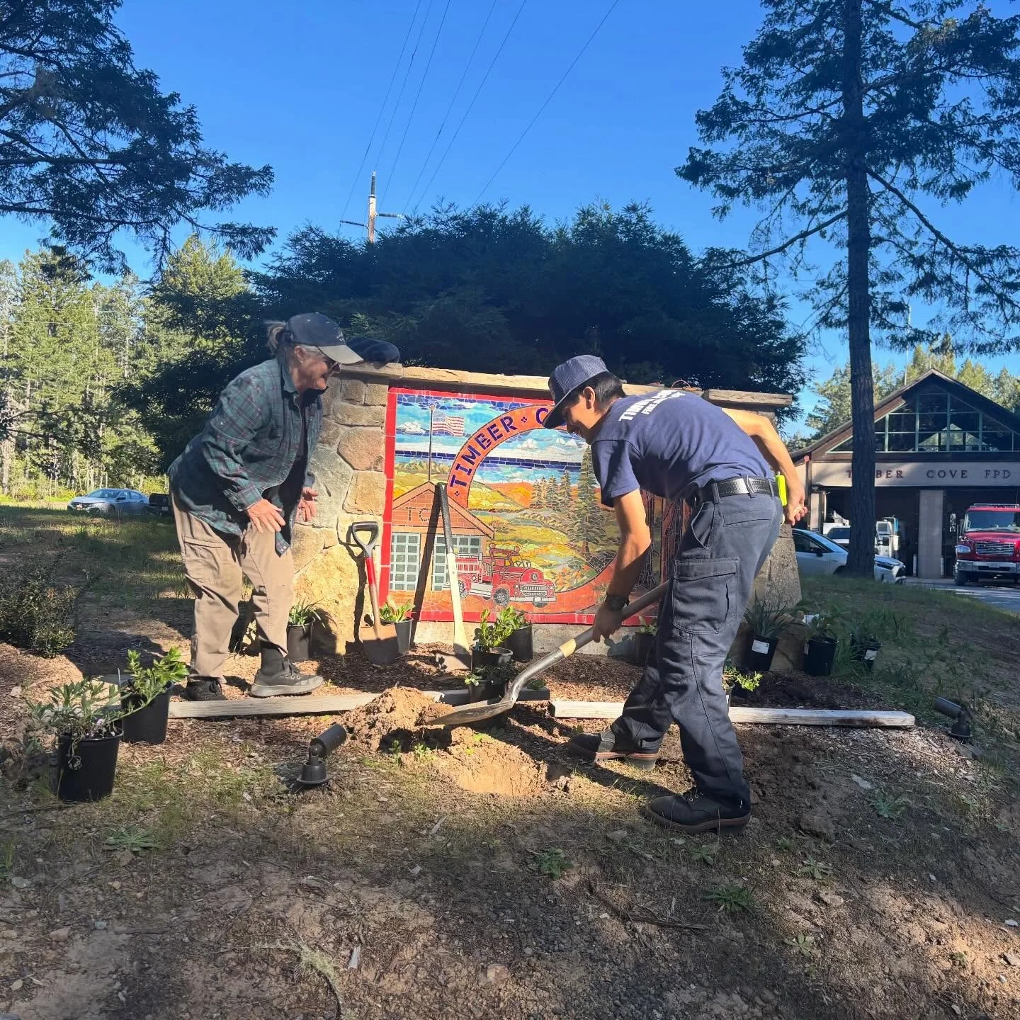 A lot of hands taking care of business today at the station 🌞 - native planting by the sign (mosaic by local artist and board member @maryentriken), tender practice, station remodel working session, and a whole lot of apparatus work.