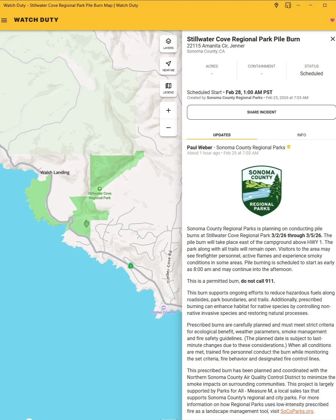 See smoke? Many neighbors are burning now, and starting Monday, @sonomacountyparks will be conducting a prescribed burn in Stillwater Cove Regional Park.

If you&rsquo;re doing a burn pile of your own, remember to call it in. And with so much planned