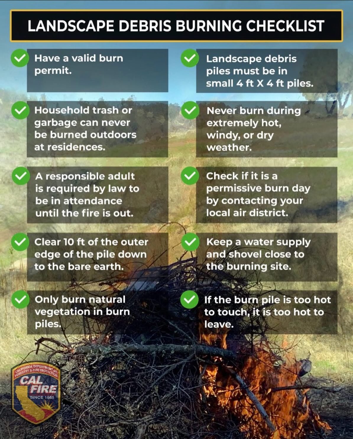 Reminder from @calfirelnu: Burn permits will be required beginning Friday (May 1). If you are planning a debris burn, make sure it is done safely and always confirm it is a permissive burn day with your local air district. For burn permits and more i
