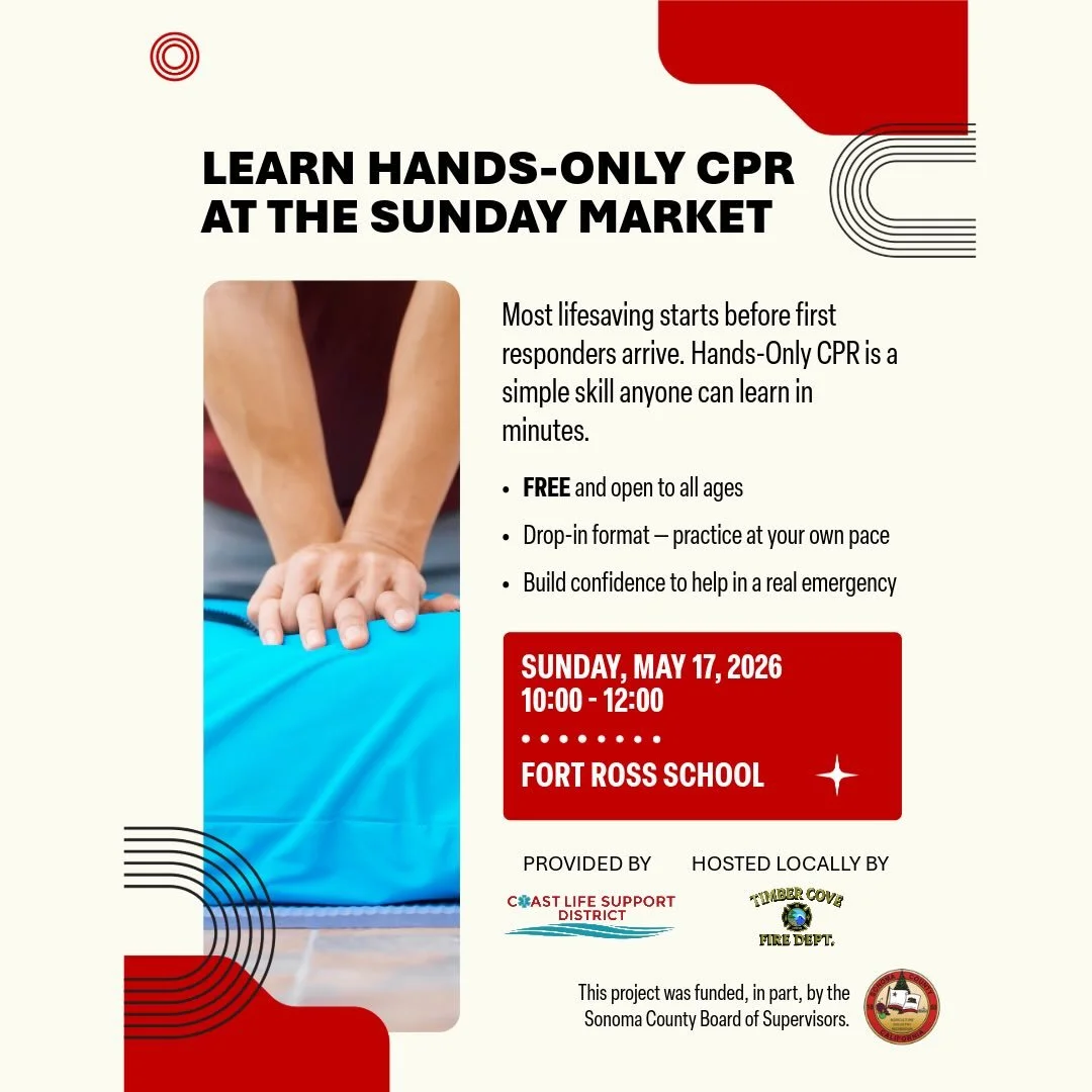 TOMORROW! 5 minutes to learn a life-saving skill🫀Come see us at the Sunday Market, 30600 Seaview Rd from 10-12 for hands-only CPR