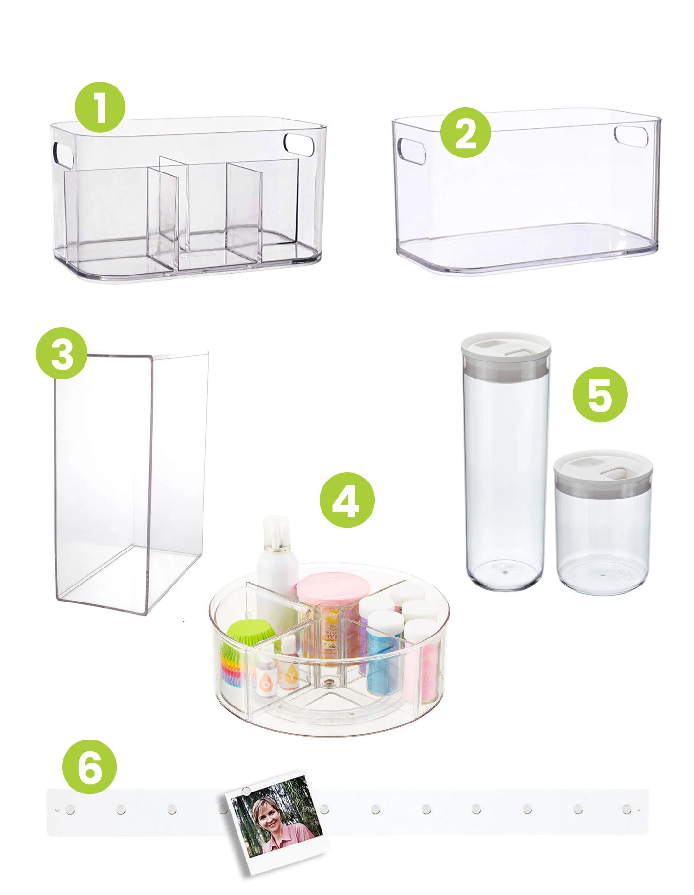1) Divided Clear Organizer 2) Clear Bin 3) Magazine/Paper Organizer 4) Clear Divided Lazy Susan 5) Clear Acrylic Canisters 6) Magnetic Display Board