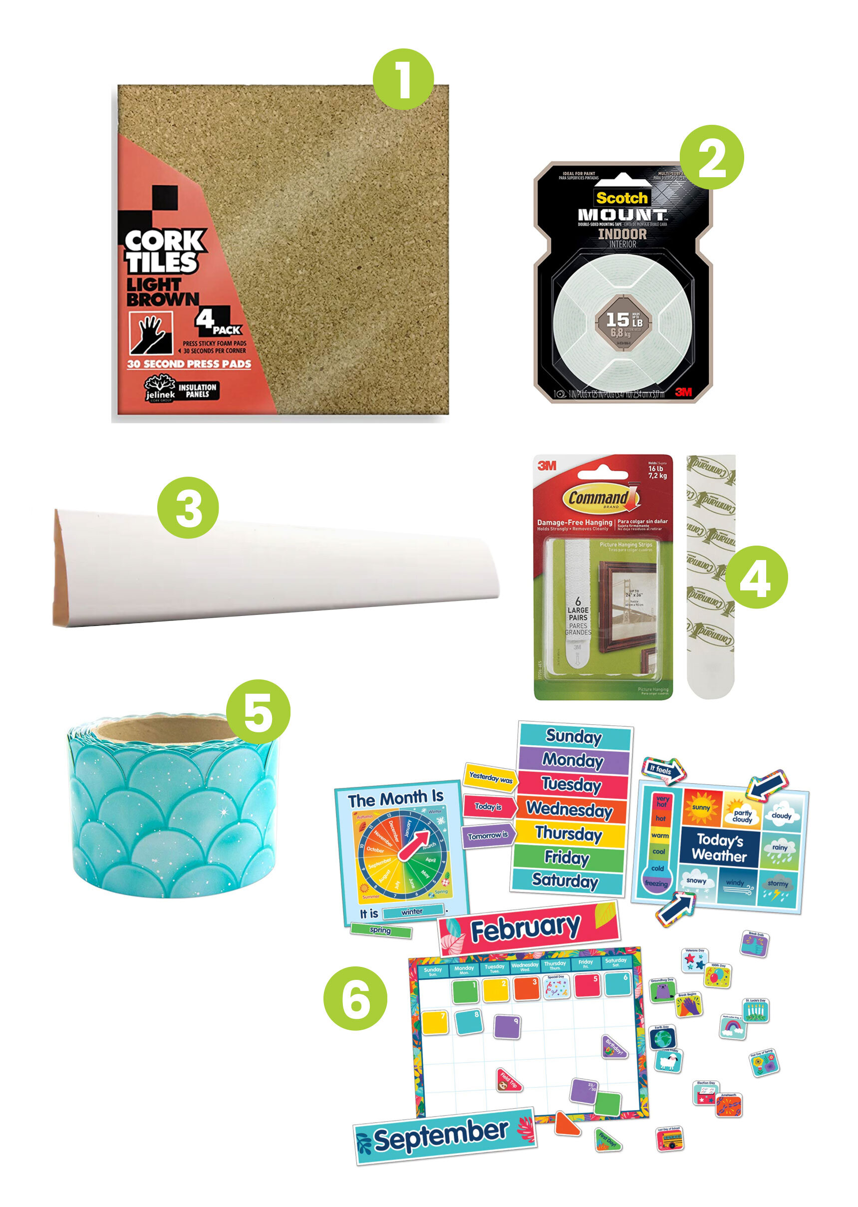 1) Cork Tiles 2) Mounting Tape 3) White Wood Trim 4) Command Picture Hanging Strips 5) Bulletin Board Border 6) Bulletin Board School Decor Set