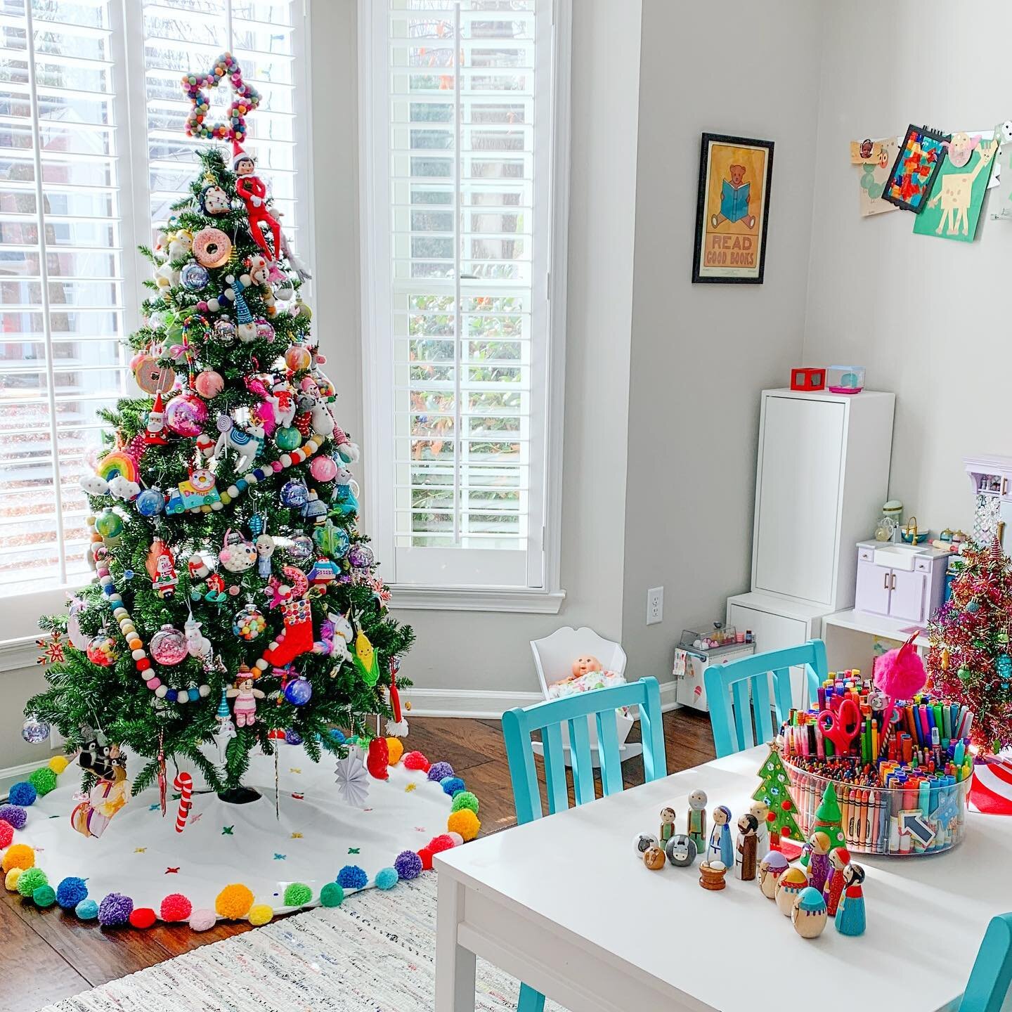 A lot of you asked for a closer-up view of my daughter&rsquo;s Christmas tree, so here it is! It is filled with rainbow pom pom everything, all of her homemade ornaments, and lots of other ornaments she has talked me into buying at Target. Everyone n