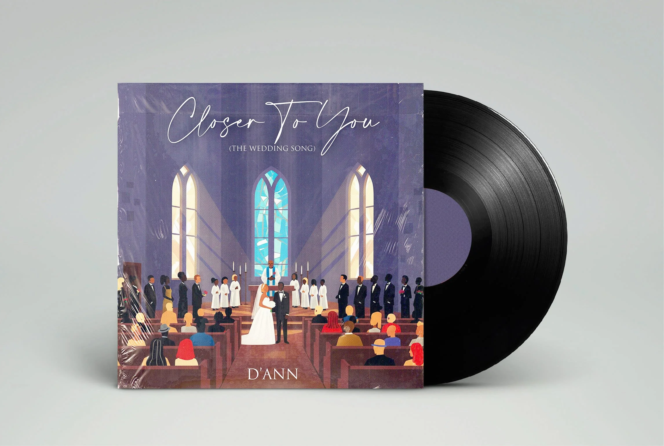 A vinyl record partially pulled out of a wedding-themed album cover showing a church wedding scene with brides, grooms, and guests.