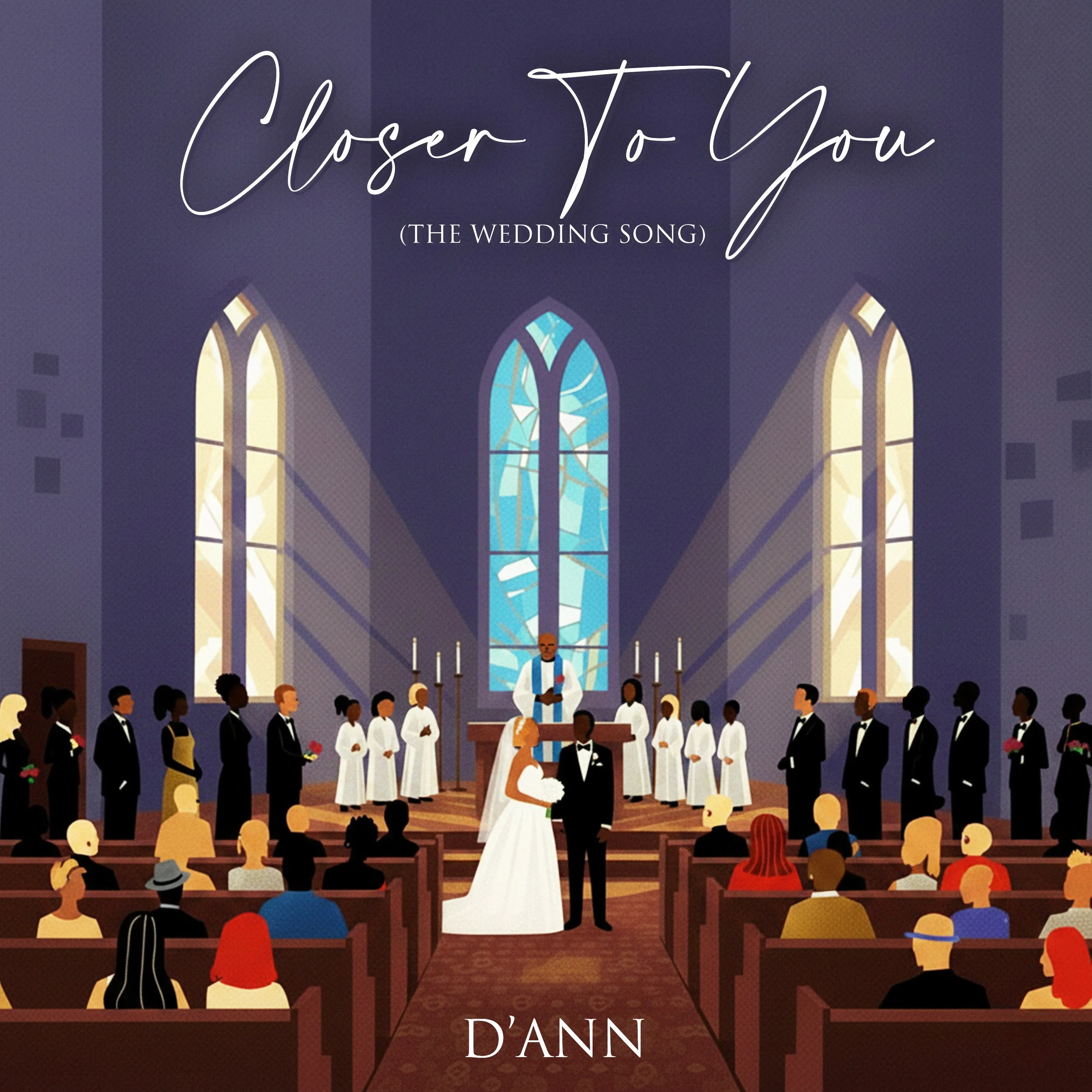 An animated wedding ceremony inside a church with stained glass windows. The bride and groom are exchanging vows while taking hands, with a priest officiating. Guests are seated in pews, watching the ceremony.