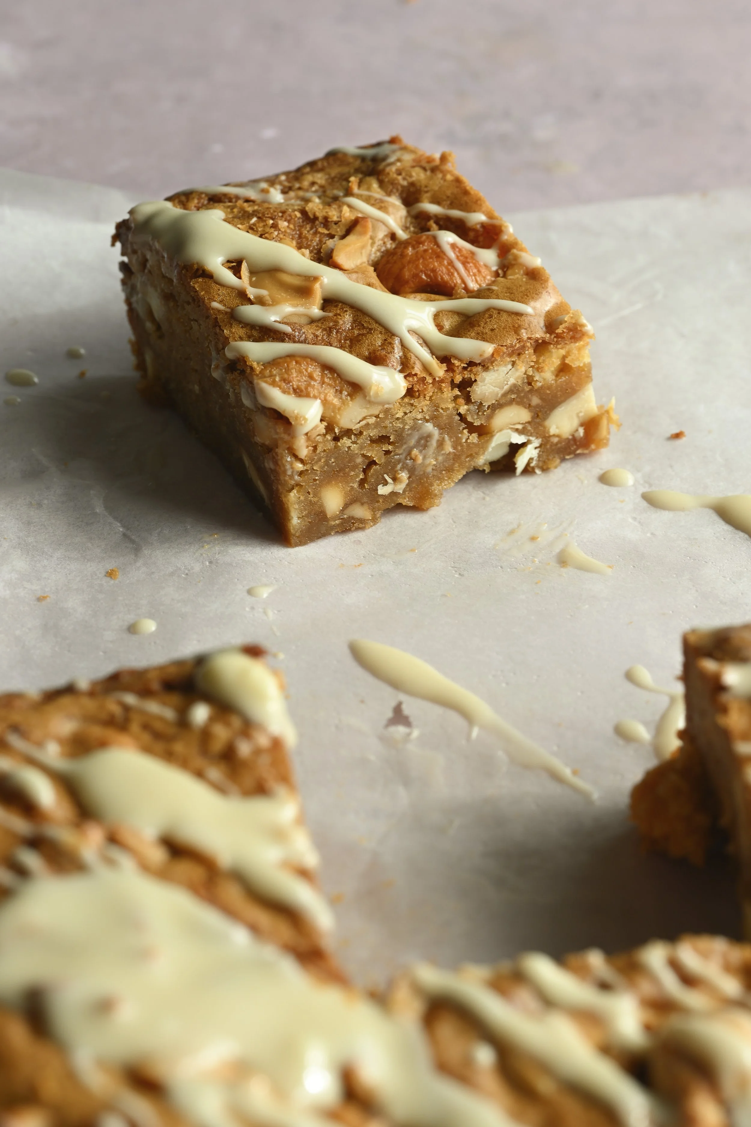 Salted Cashew & White Chocolate Blondies with Tahini Drizzle