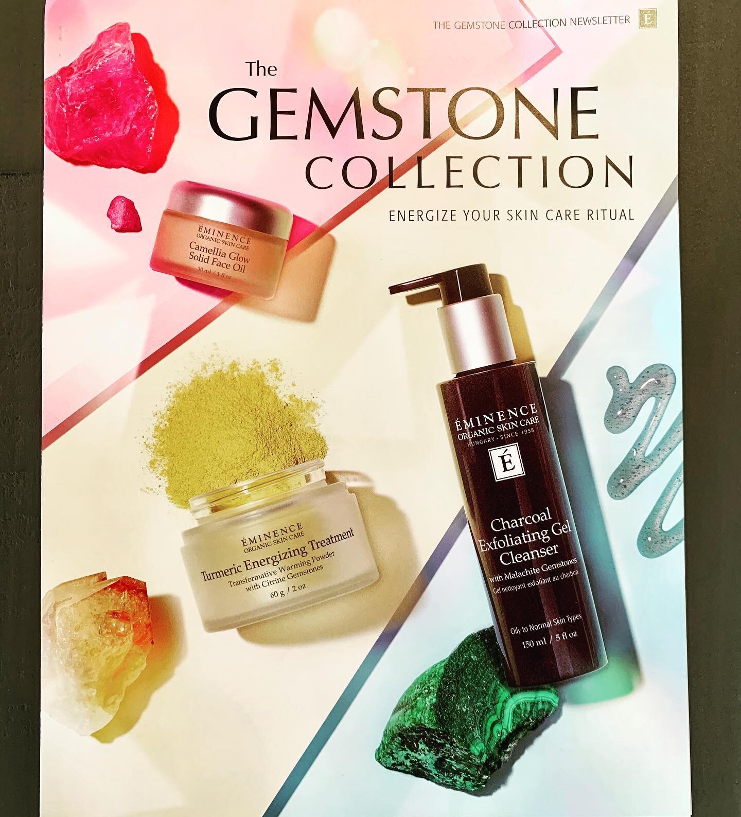 So excited to offer @eminenceorganics Autumn 2020 release! Introducing The Gemstone Collection! Consisting of a malachite infused charcoal cleanser, a citrine infused turmeric energizing treatment, and a pink tourmaline infused solid face oil, these 