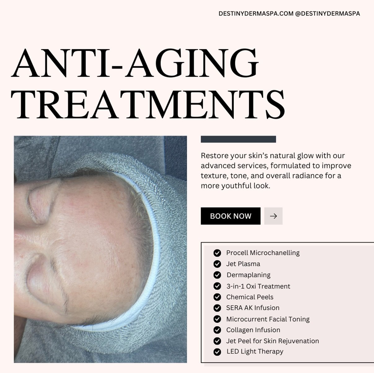 ✨ Hi there! New to Destiny Derma Spa or thinking about trying something new? ✨
Check out our seasonal anti-aging treatments that your skin will love 💆&zwj;♀️💖 From facials to advanced skincare, we&rsquo;ve got you covered! 🌿🌸

Got questions? Just